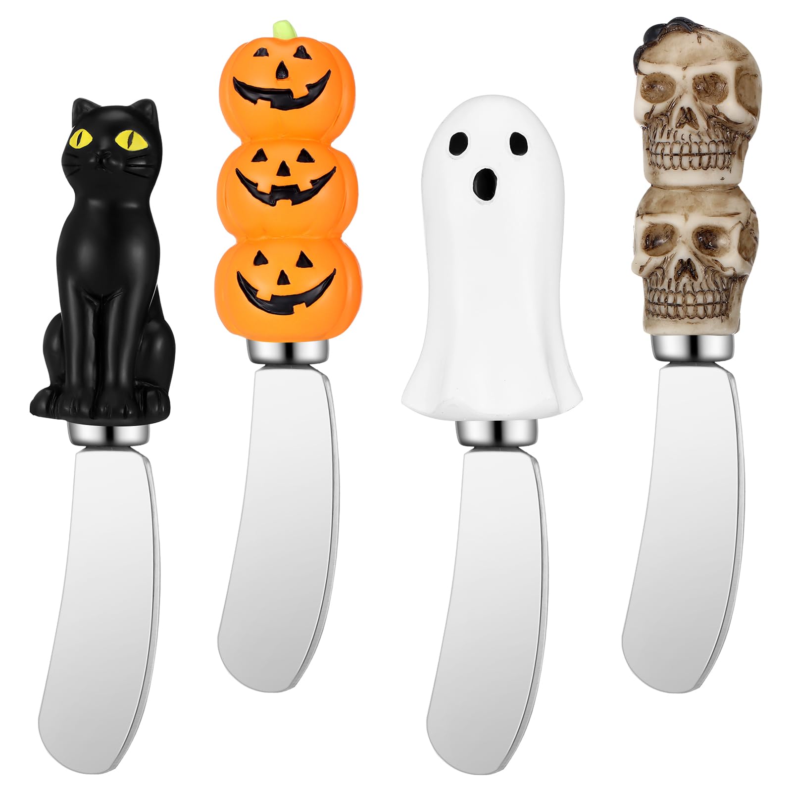 Aoibox  4 Piece Halloween Cheese Knife Set with Hand Painted Resin Handles Pumpkin Ghost Cat and Skull Knives