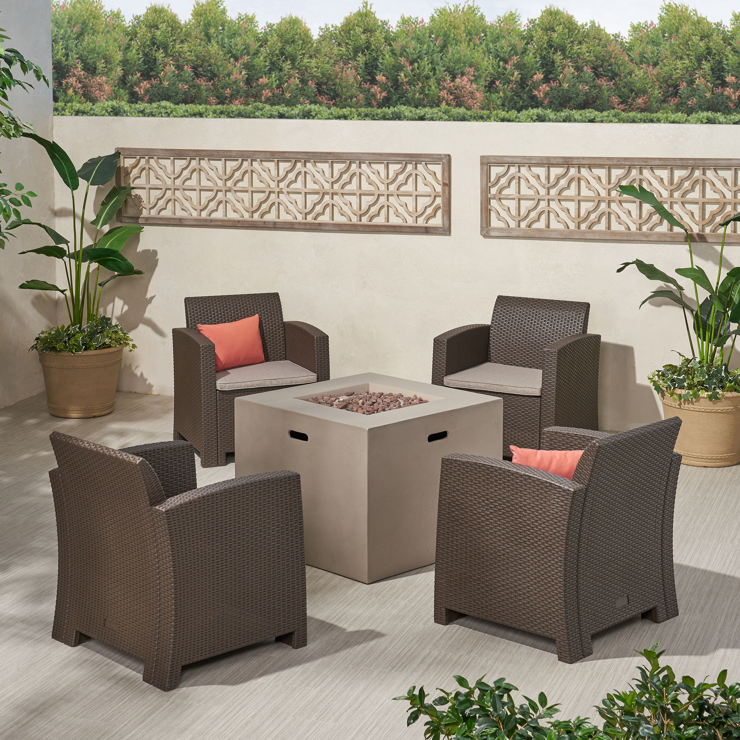 Christopher Knight Home 306311 Houston Outdoor 4 Seater Wicker Print Chat Set with Propane Fire Pit-Brown + Mixed Biege + Light Gray