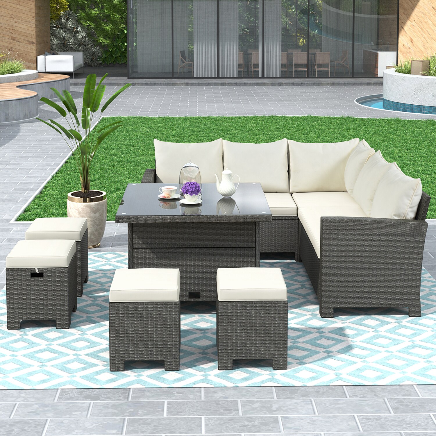 SINOFURN 8-Piece Brown Rattan Patio Dining Set Rattan Square Table With ...