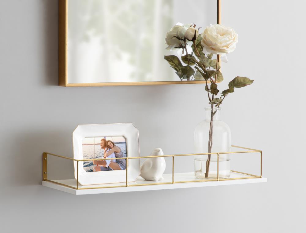 White and Gold Floating Wall Shelf with Metal Frame