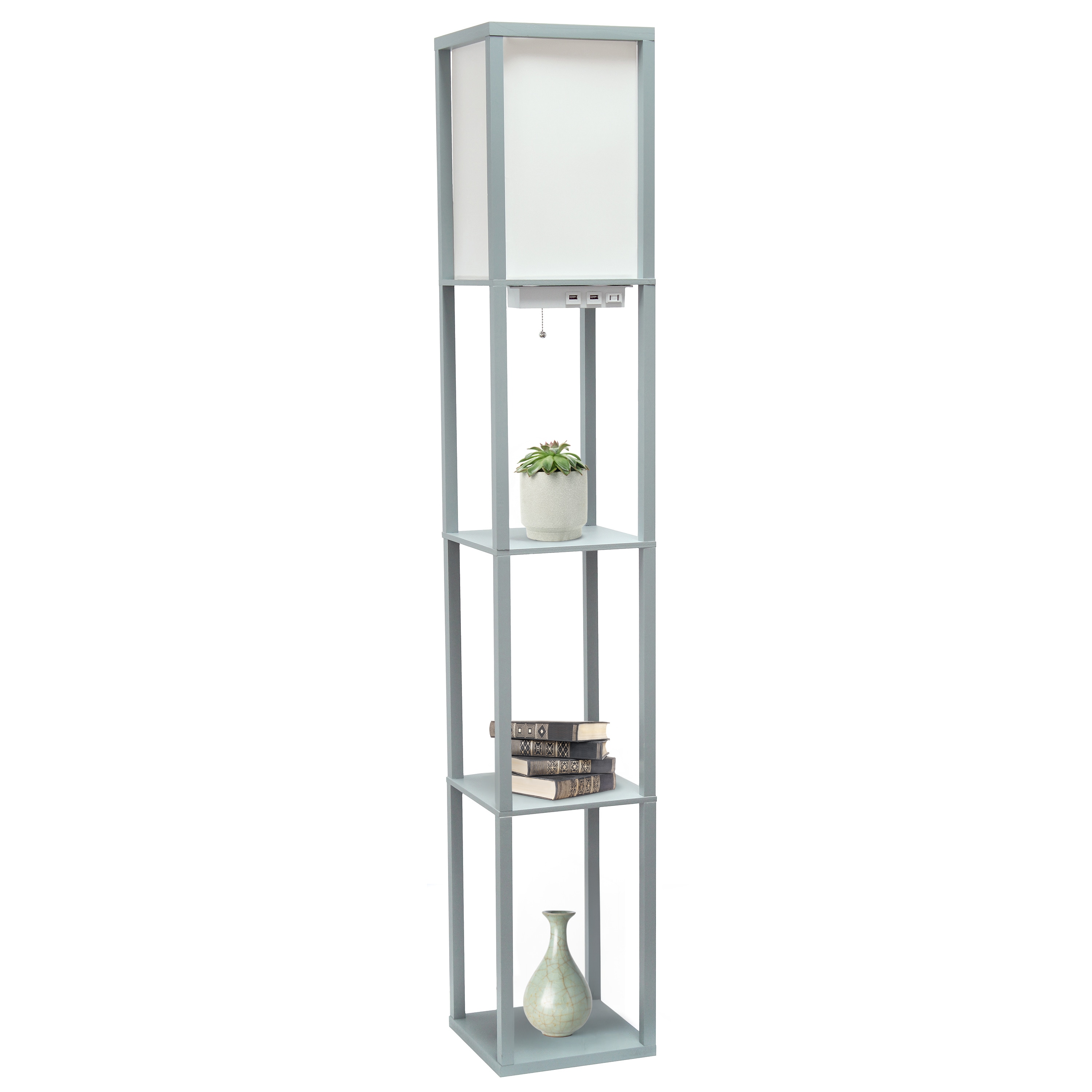 Classix 62.5" Gray Floor Lamp with White Linen Shade and Shelves