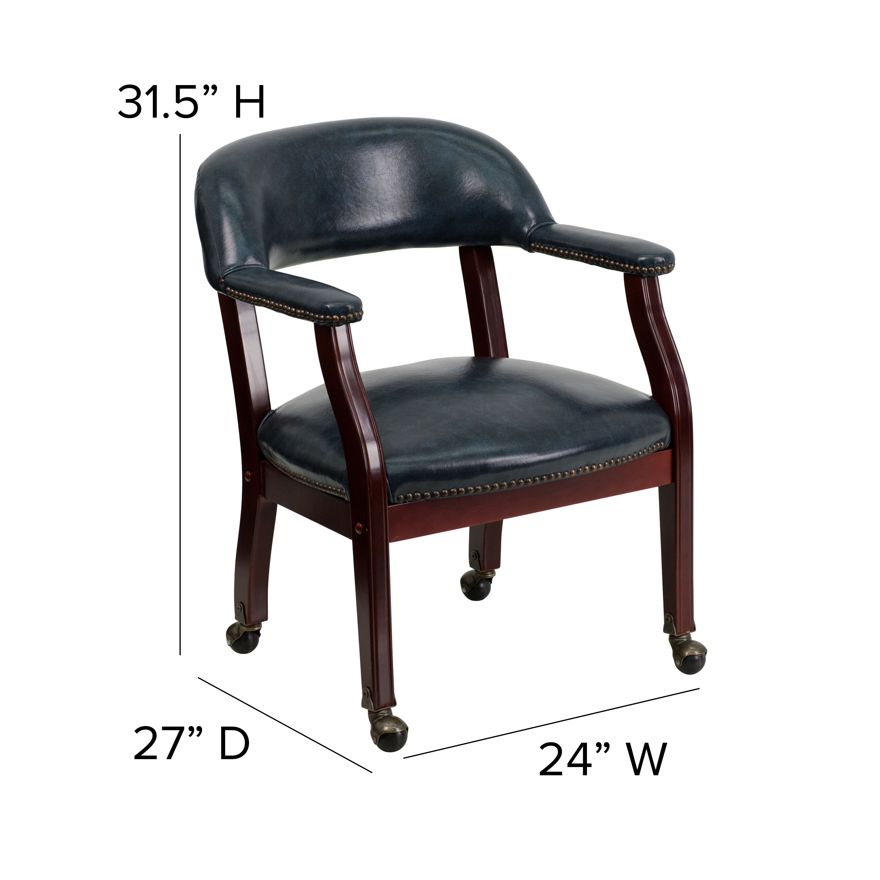 Navy Vinyl Captain's Conference Chair with Brass Casters and Mahogany Frame