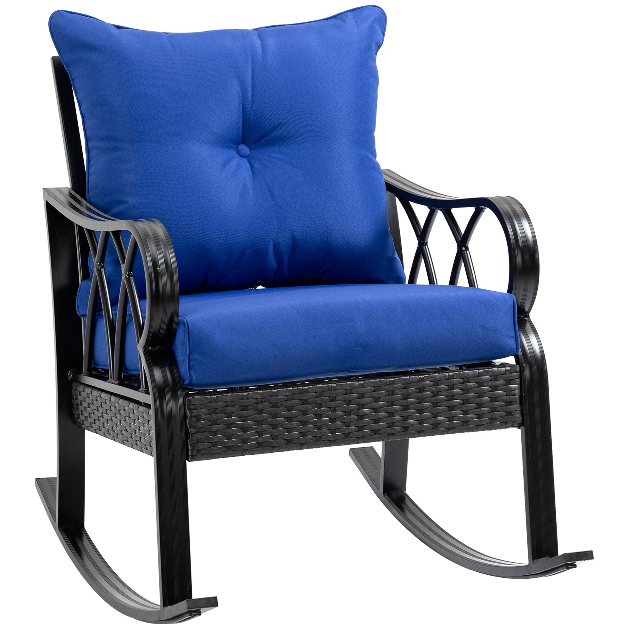 Miki Shinly AB-4009-168JJ Outdoor Patio Chair Wicker Black Steel Frame Rocking Chair with Blue Cushioned Seat