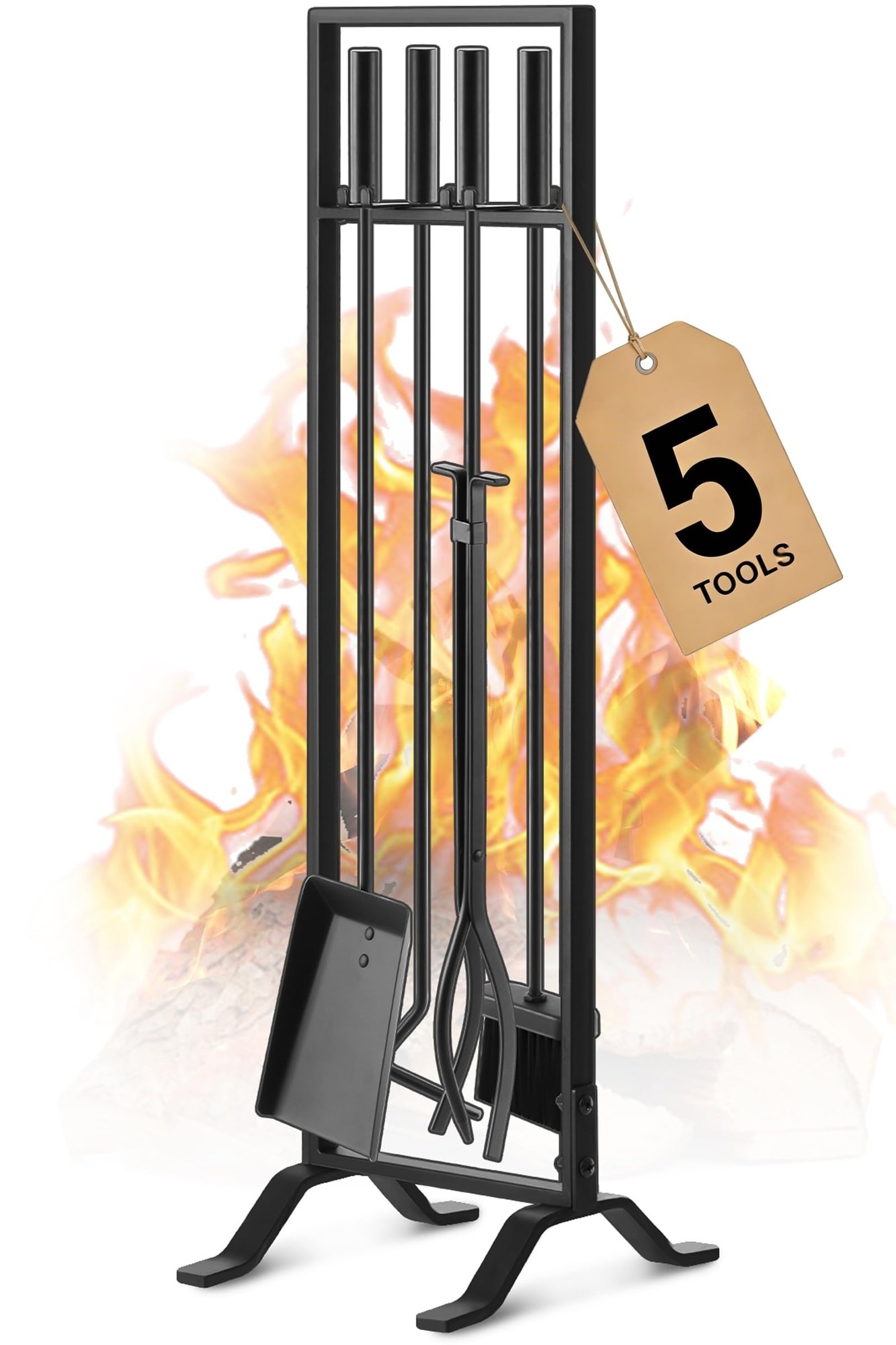 Misopily Fireplace Tools Set 5 pcs Wrought Iron Poker Tongs Shovel Brush and Stand Black Ergonomic Handles for Indoor or Outdoor Fireplaces #L05MS09035