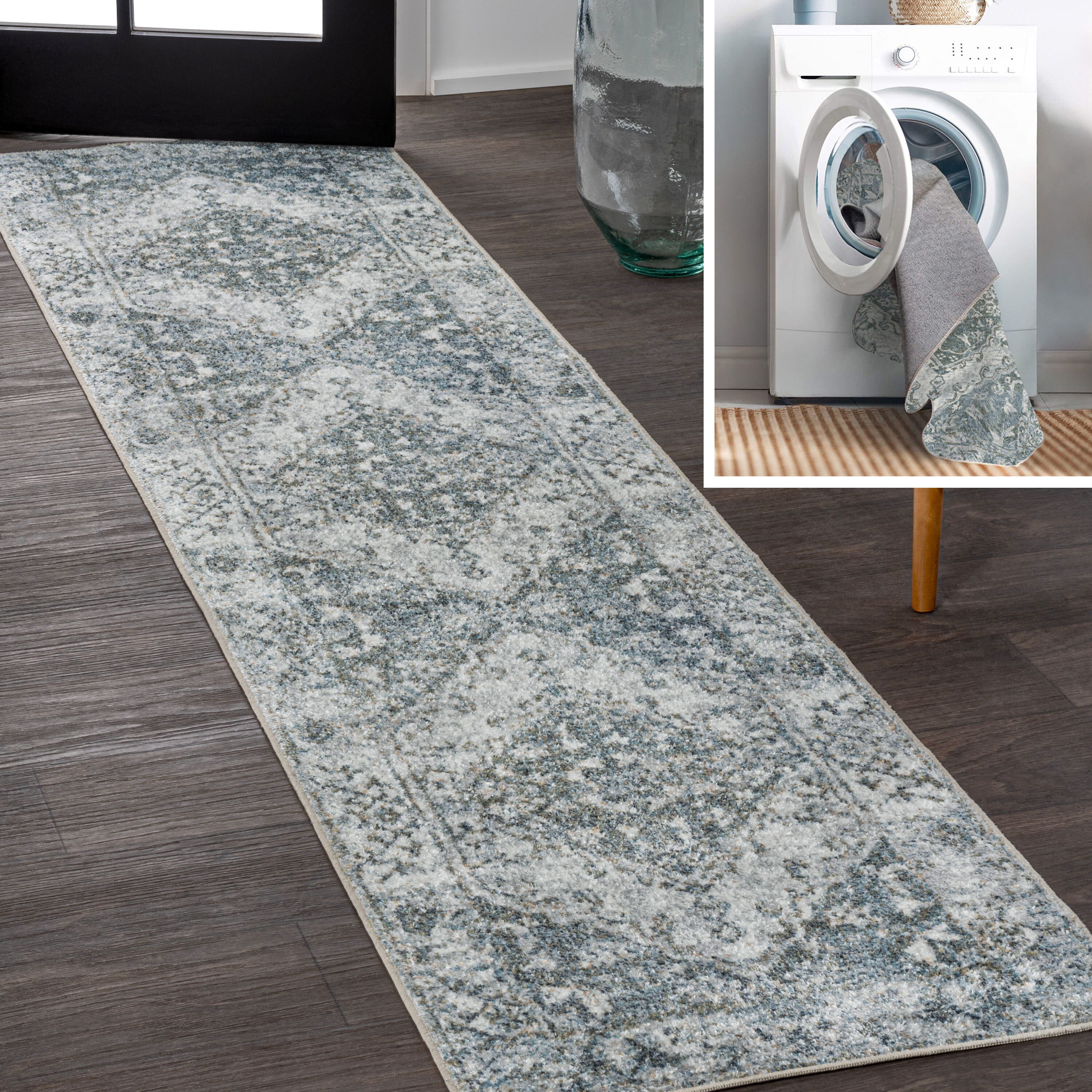 JONATHAN  Y WSH317B-28 WASHABLE Pavel Distressed Medallion Low-Pile 2 x 8 (ft) Loomed Polyester Light Gray/Blue Rectangular Indoor Medallion Persian Machine washable Runner rug