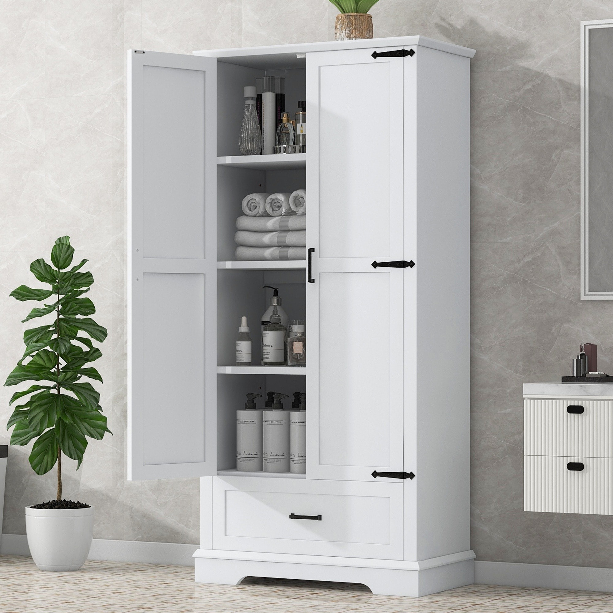 IAK 31 inch x 16 inch x 69 inch White MDF Tall Bathroom Storage Cabinet with Two Doors and One Drawer