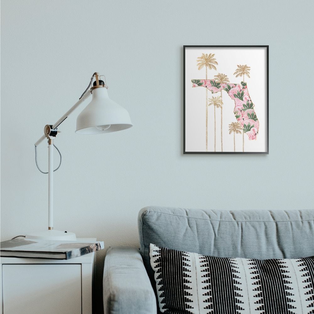 Flamingo and Palm Tree Print on Canvas with Black Frame