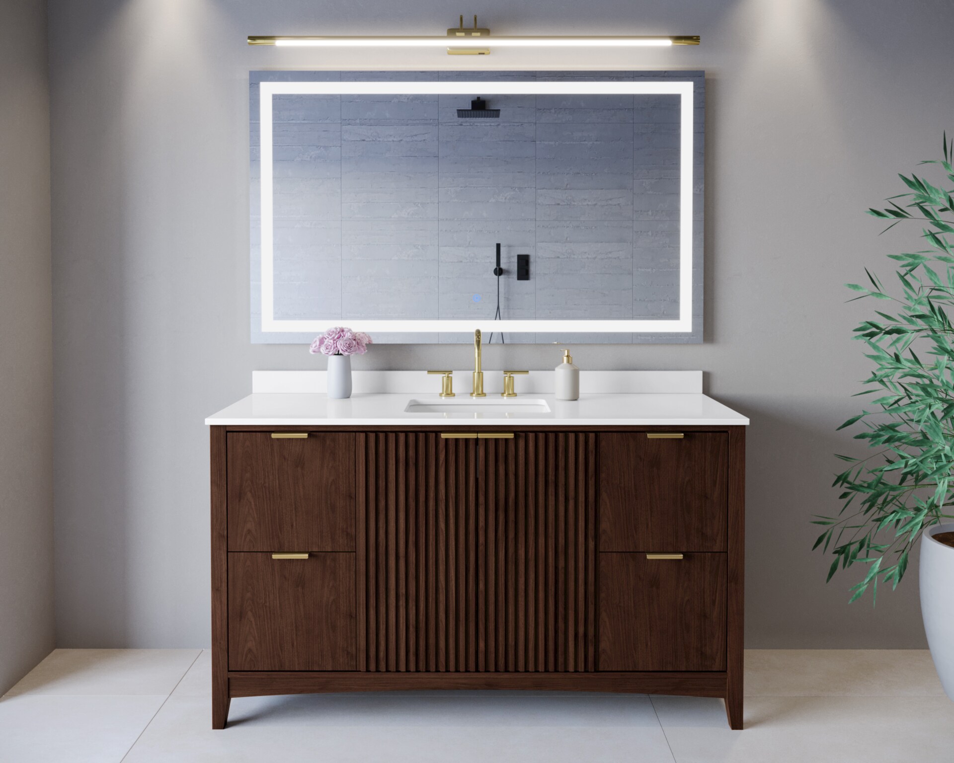 Wyndham Collection WCF919160SDDWQUS3MXX Palmilla 60-in Dark Walnut with Brushed Gold Trim Undermount Single Sink Bathroom Vanity with White Quartz Quartz Top
