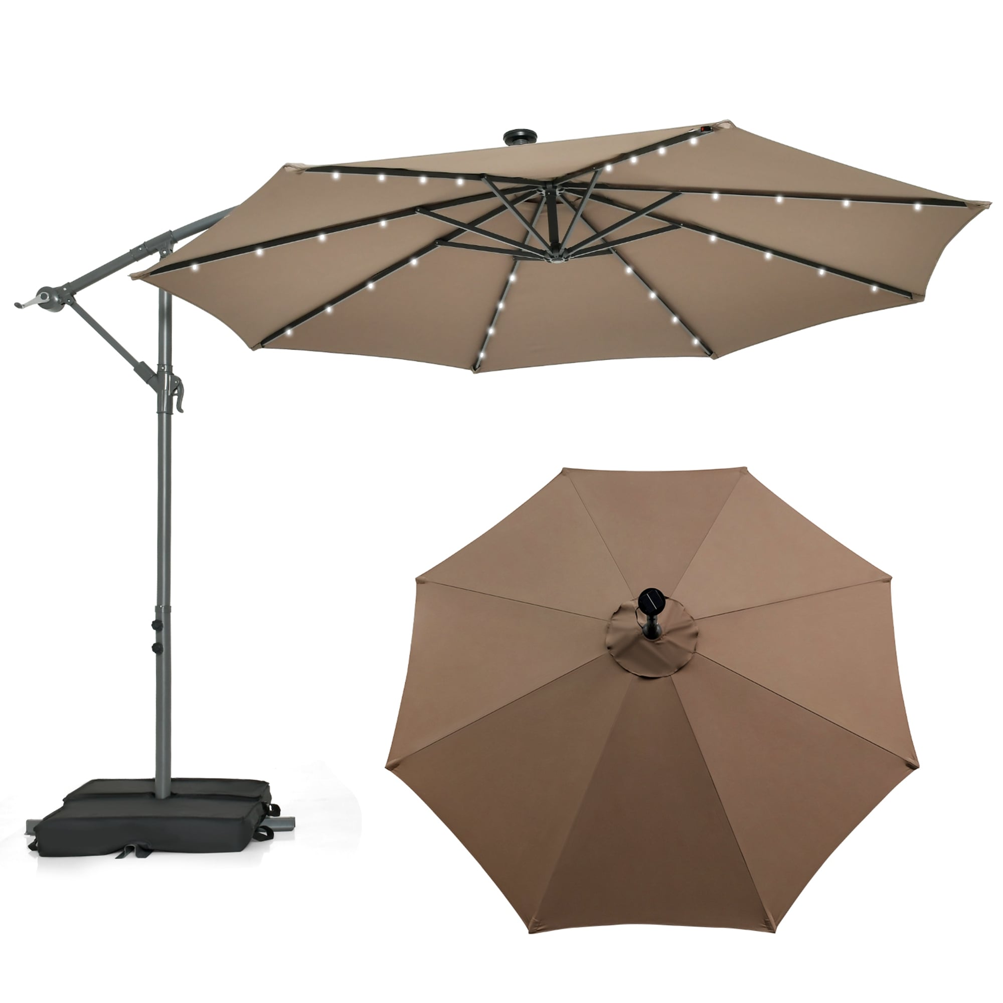 Costway NP11133CF 10-ft Steel Brown Crank Offset Patio Umbrella with Lights with Base