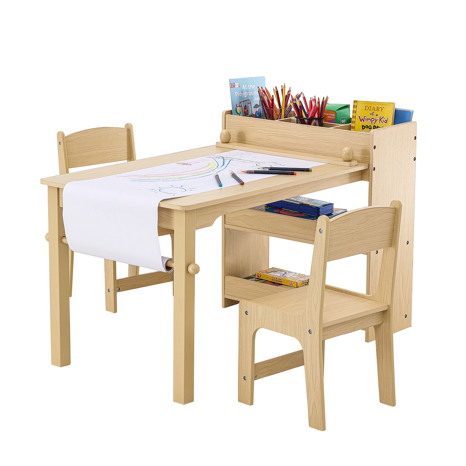 VEVOR SCDCWETZYYZE02646V0 Kids Art Table and 2 Chairs  2-in-1 Toddler Craft and Play Activity Table  Wood Toddler Table and Chair Set with A Cabinet for Art  Craft  Reading  Learning