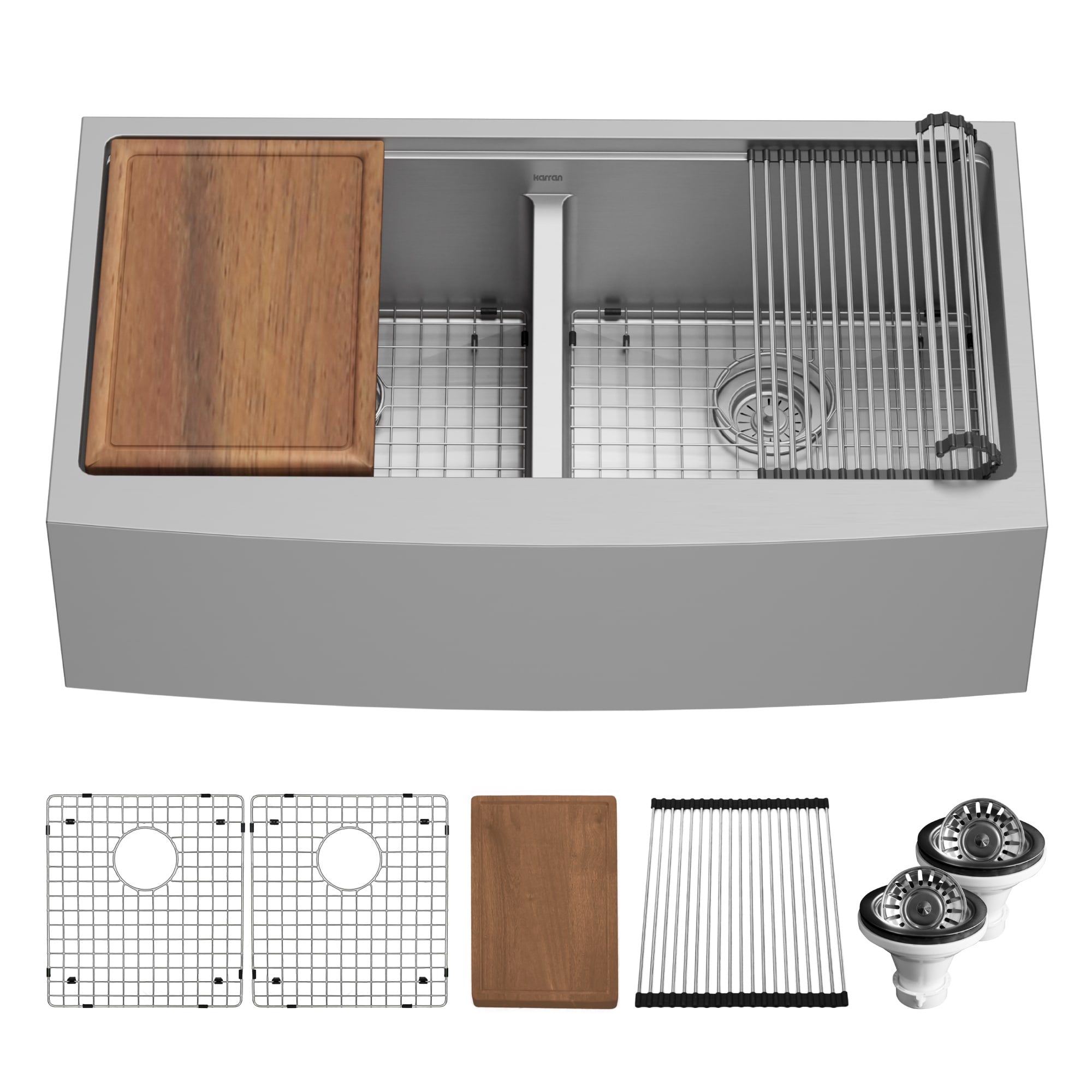 Karran WSA-48-PK1 Farmhouse apron front 36-in x 21-in Stainless steel Double equal bowl 16 -Gauge Workstation Kitchen Sink
