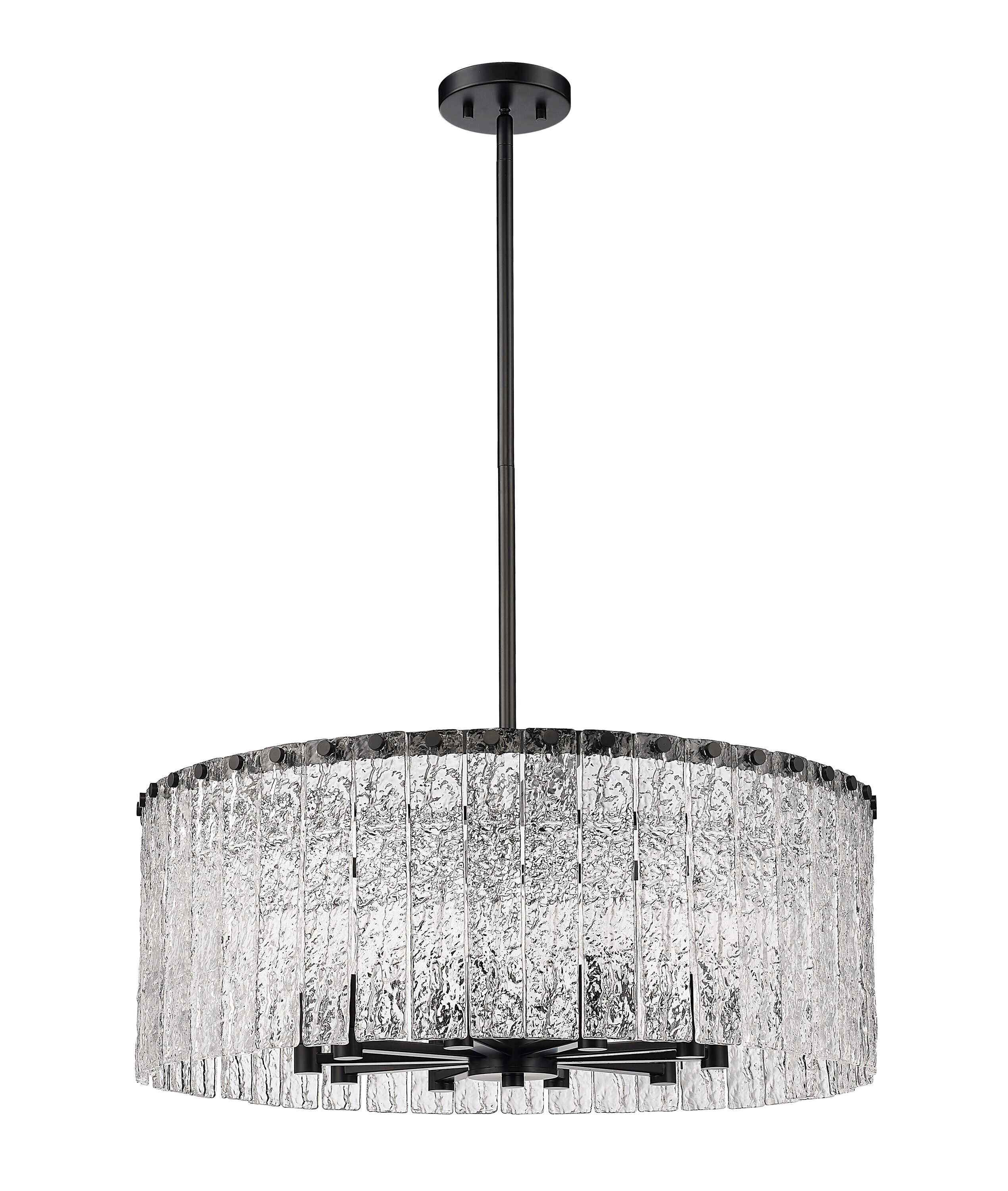 Glacier Matte Black 10-Light Drum Pendant with Textured Glass Panels