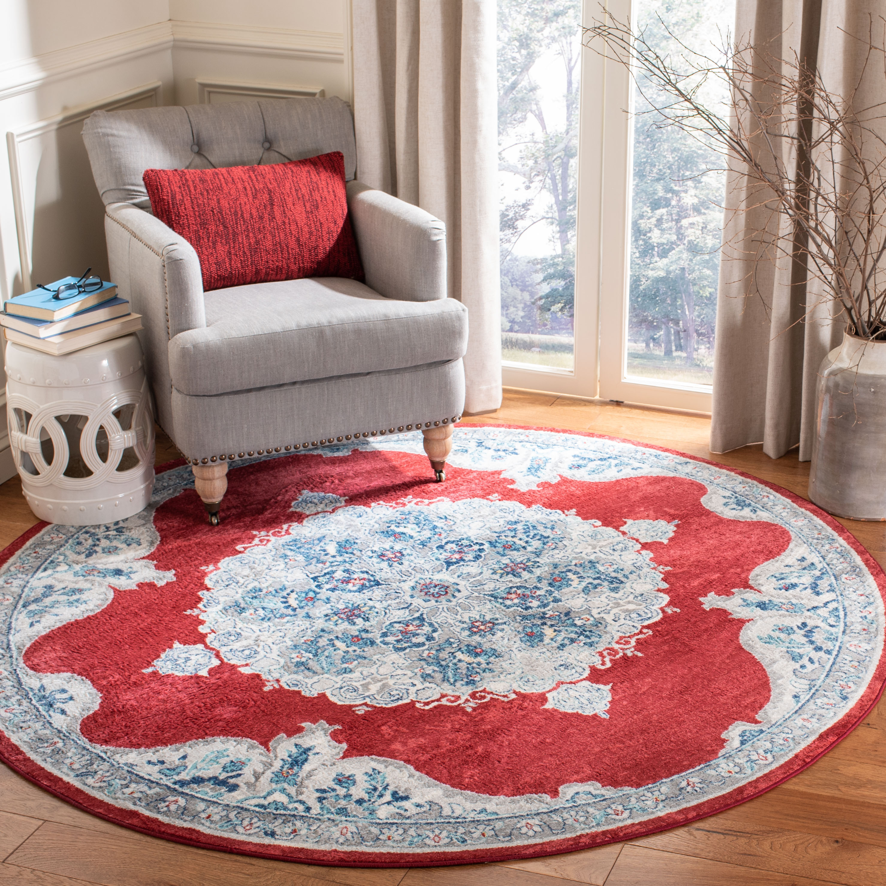 Safavieh BNT867Q-5R Brentwood Dottie 5 x 5 (ft) Loomed Polypropylene Red/Ivory Round Indoor Distressed/Overdyed Bohemian/Eclectic Area rug