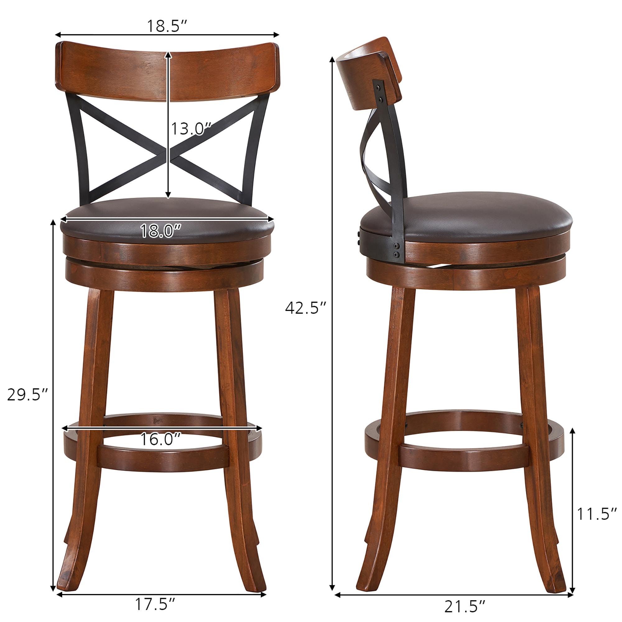 Set of 2 Walnut and Black Swivel Bar Stools with Rubberwood Legs