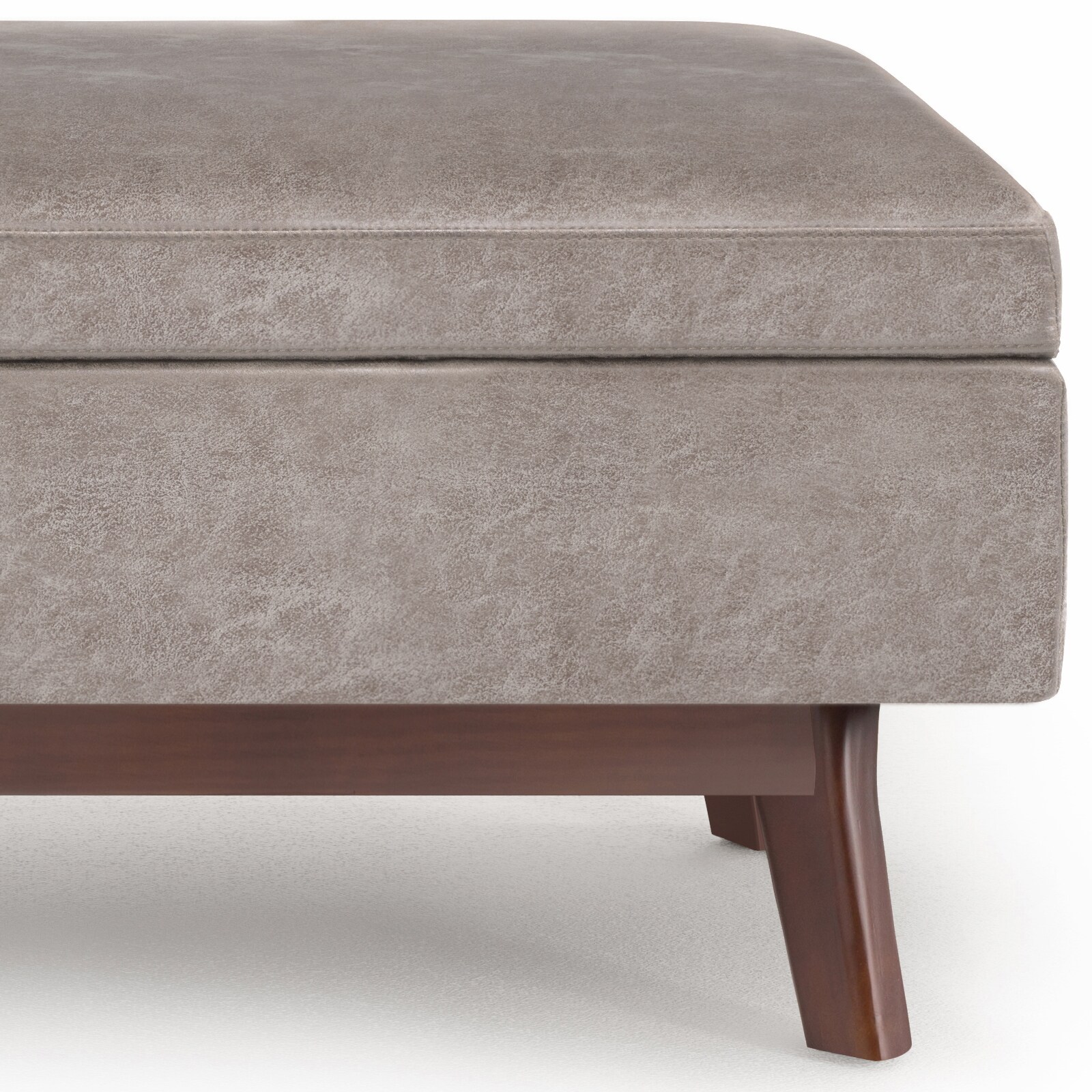 Simpli Home Owen Tray Top Small Coffee Table Storage Ottoman in Distressed Grey Faux Leather