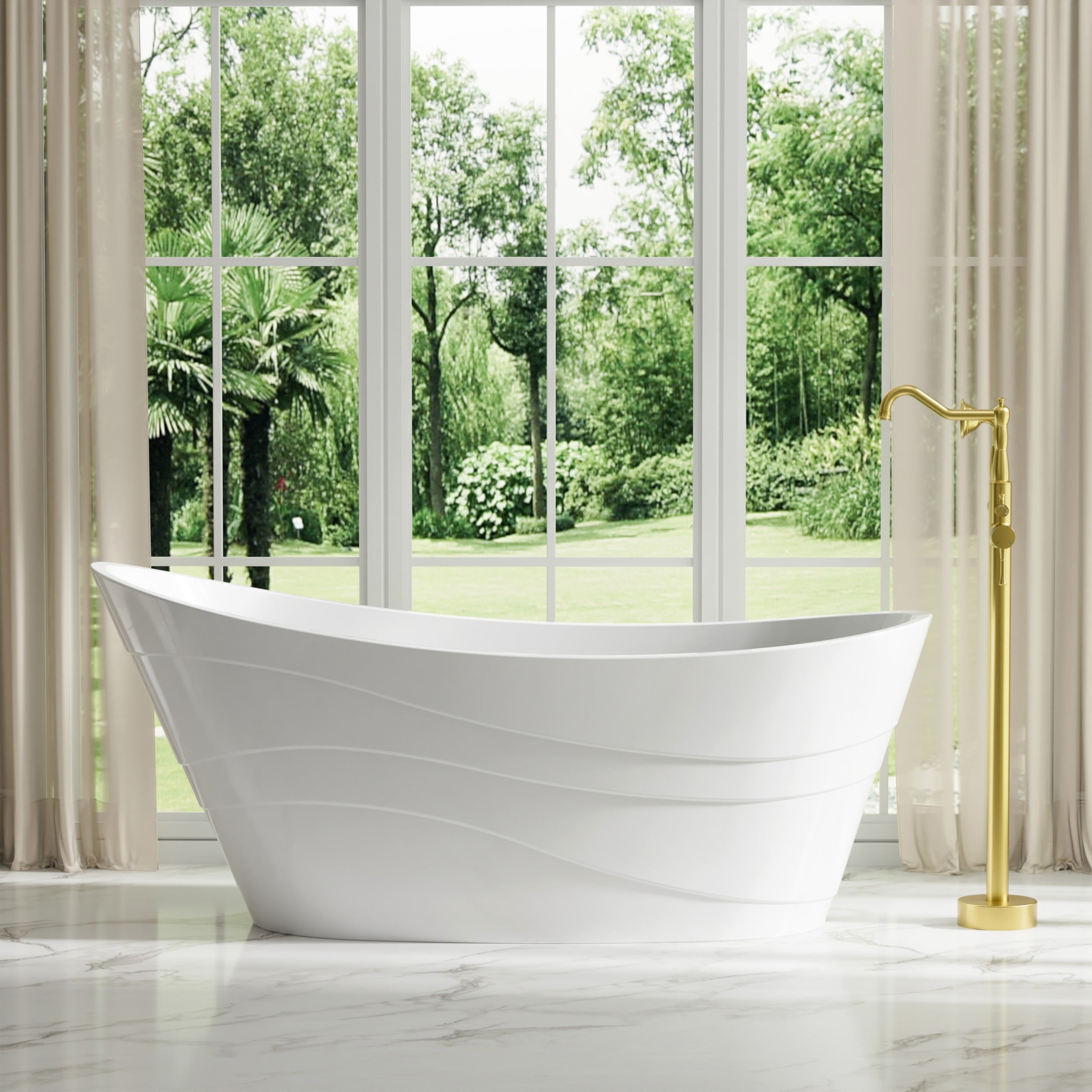 Gtnali 67 in x 29 in Wave-Textured Exterior Oval Acrylic Freestanding Soaking Bathtub with Right Drain in Glossy White