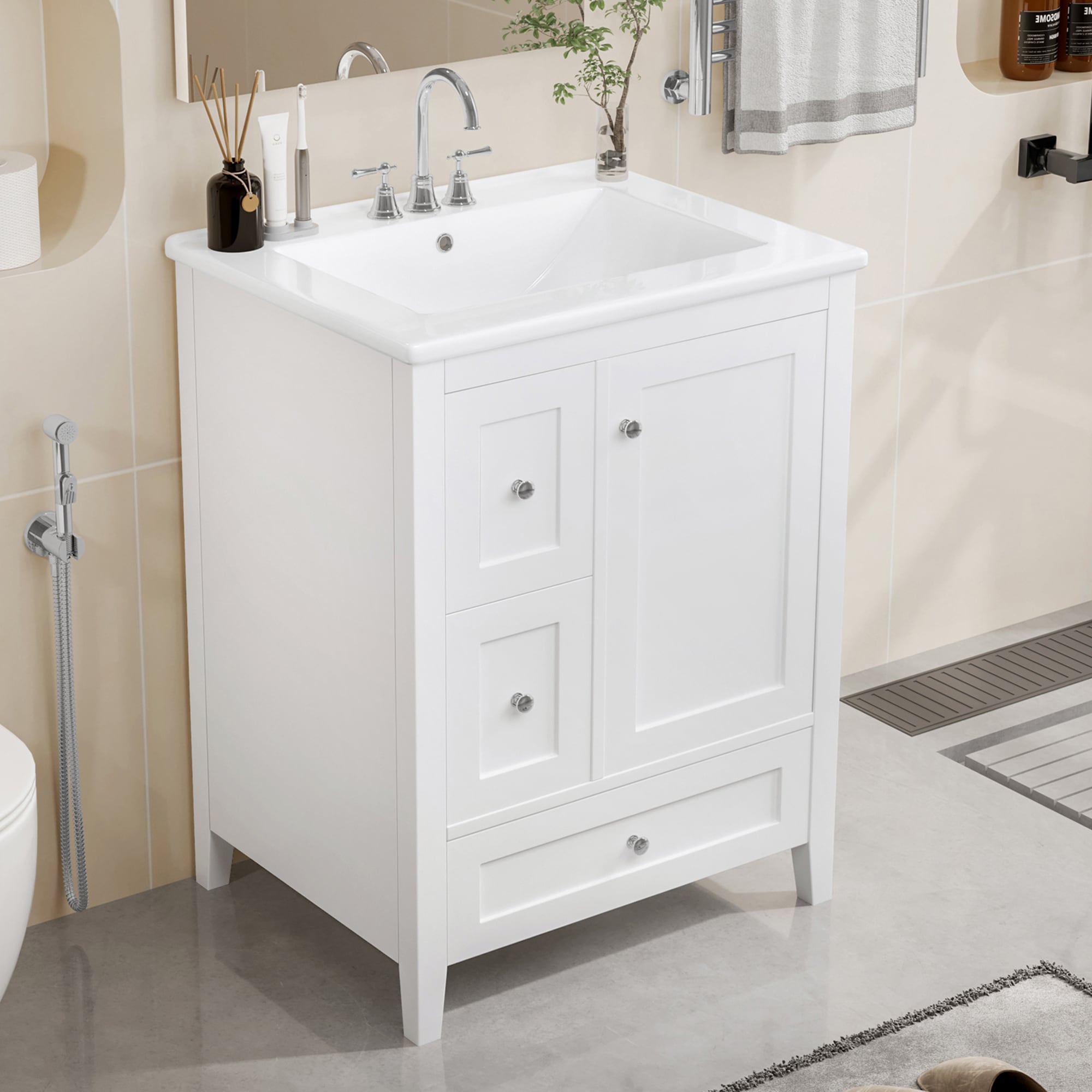 Clihome 24-Inch Bathroom Vanity with Storage, Adjustable Shelf 24-in White Single Sink Bathroom Vanity with White Stainless Steel Top