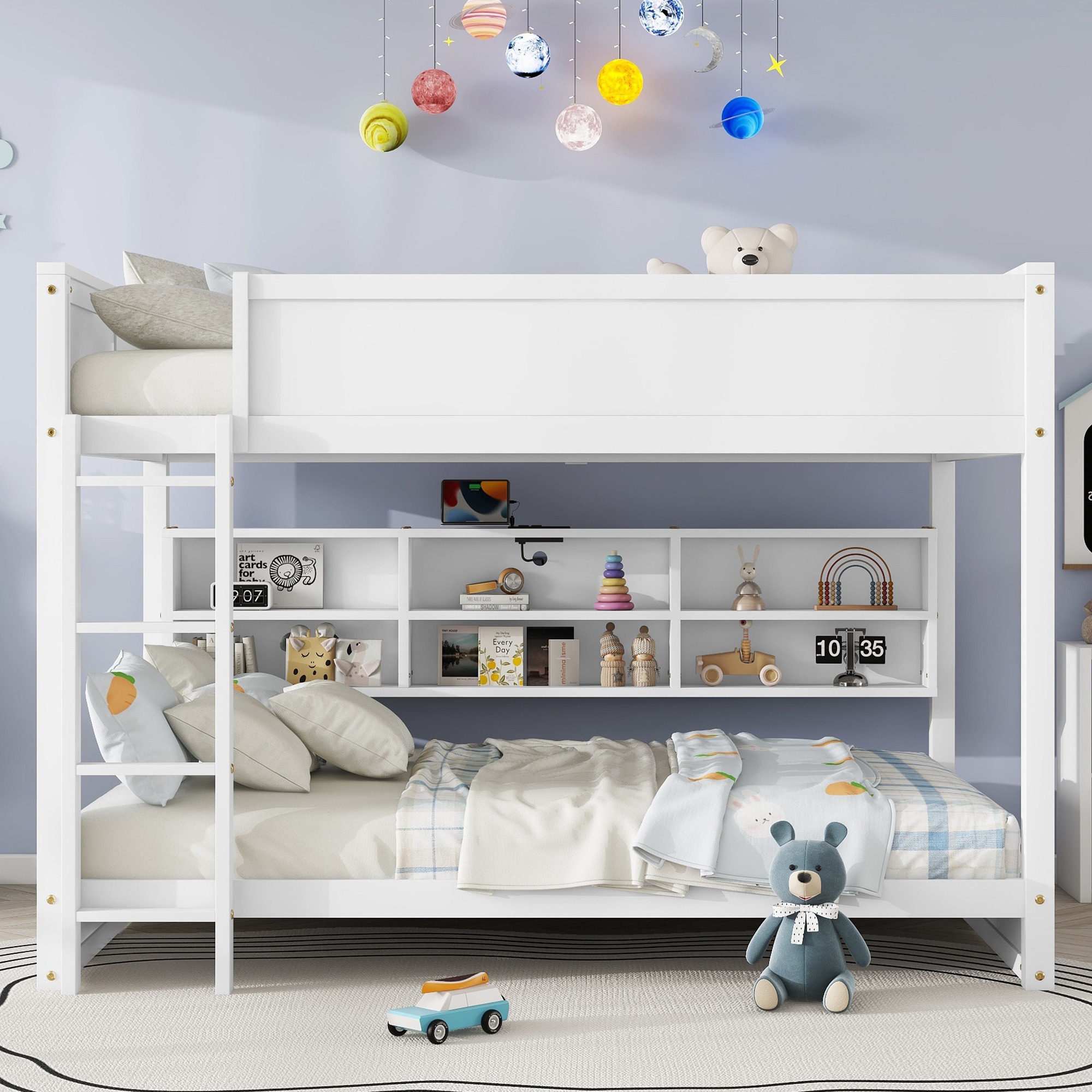 HyperDrop Cart Queen over Queen White Solid Pine Wood Bunk Bed with Storage Cabinets Charging Station and Safety Rails