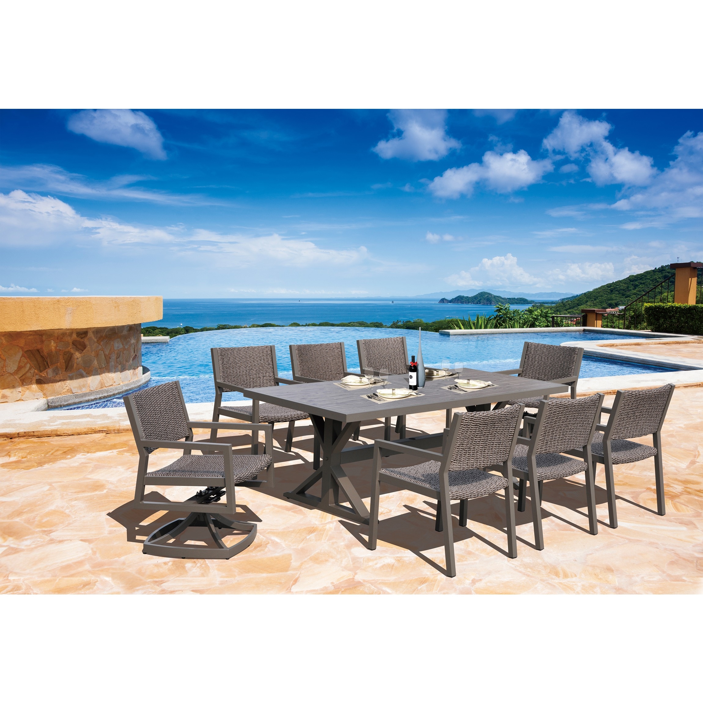 Courtyard Casual 5344 Venice 7 -Piece Gray Woven Patio Dining Set Aluminum Rectangle Table with 6 Swivel Chairs