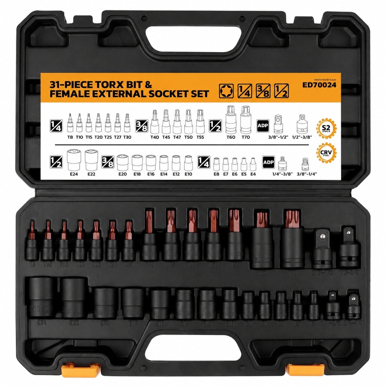 Linder Group Inc Torx Bit Socket Set 31 Piece CRV S2 Alloy Steel Star T8 to T70 E Torx E4 to E24 High Torque Laser Marked Includes Socket Adapters for Automotive