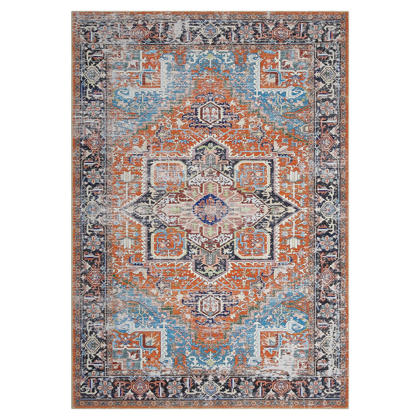 Qeetex LSN-PHO-0YGAF5AK 5 x 7 ft Polyester Green Rectangular Hallway Bathroom Entryway Kitchen Office Foldable Flower Printed Persian Washable Area Rug