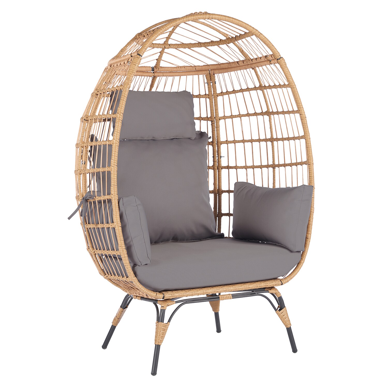 SINOFURN Wicker Brown Rattan Frame Stationary Egg Chair with Gray ...