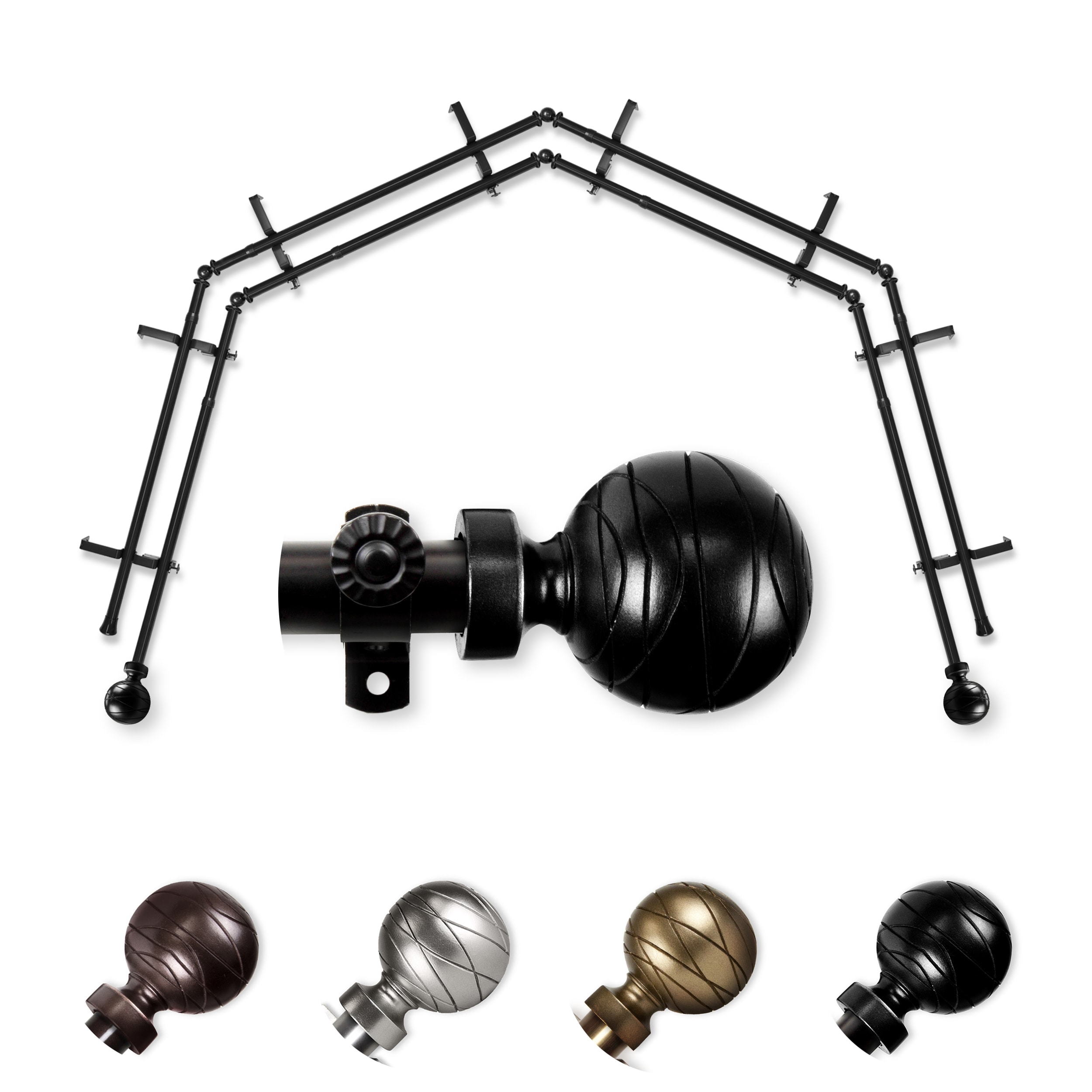 Hart & Harlow L-4BAY-84-2D Able 4-Sided Double Bay Black Steel Bay window curtain rod with Finials