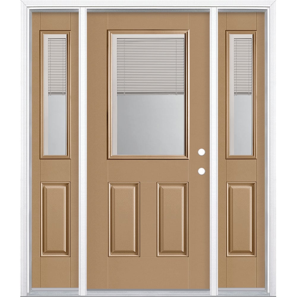 Masonite 1218499 60-in x 80-in x 4-9/16-in Fiberglass Half lite Left-hand inswing Warm Wheat Painted Prehung Front Door with Sidelights with Brickmould Insulating core with Blinds