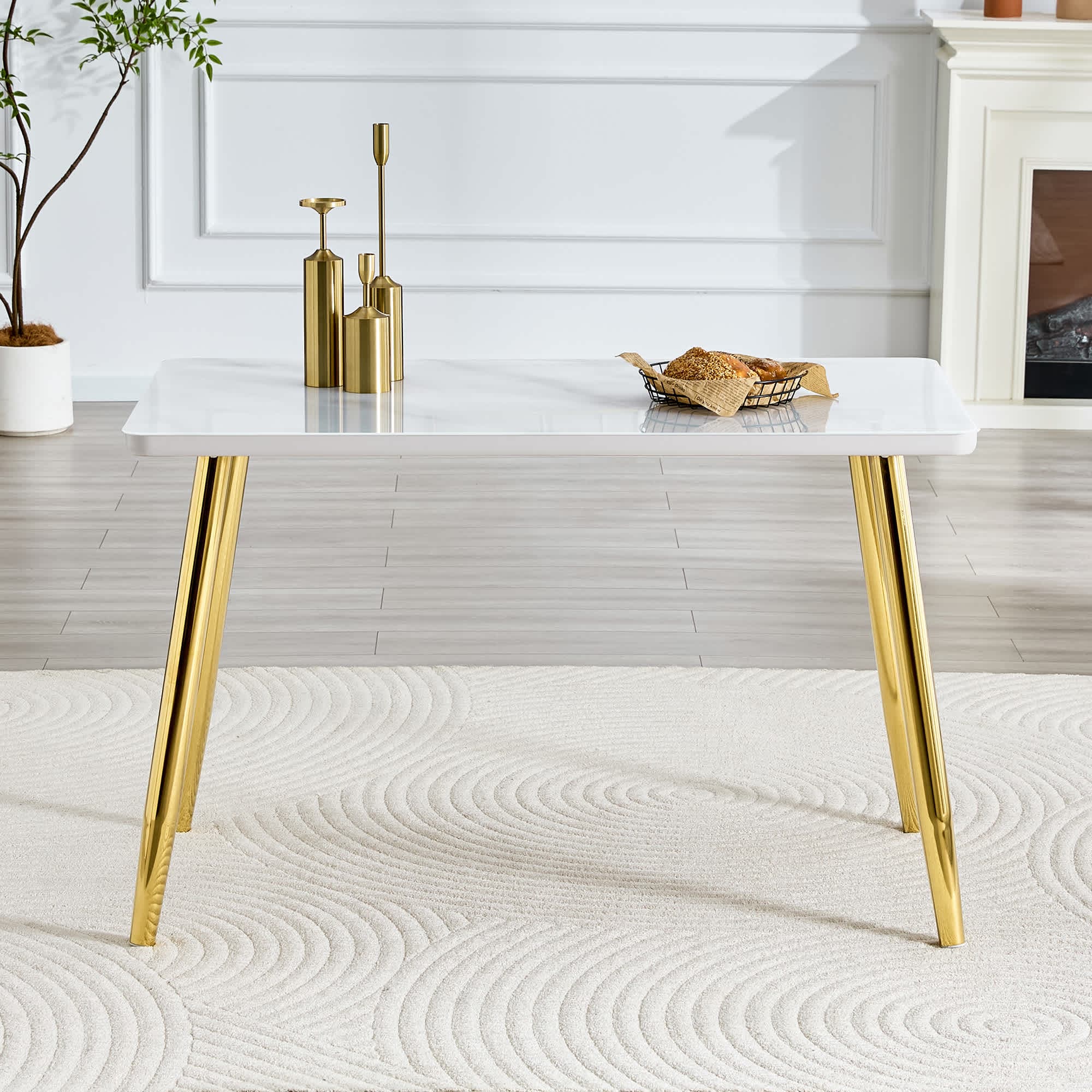 Vynxaria -  Modern Minimalist Dining Table Imitation Marble Tempered Glass Top White MDF Layer Go...