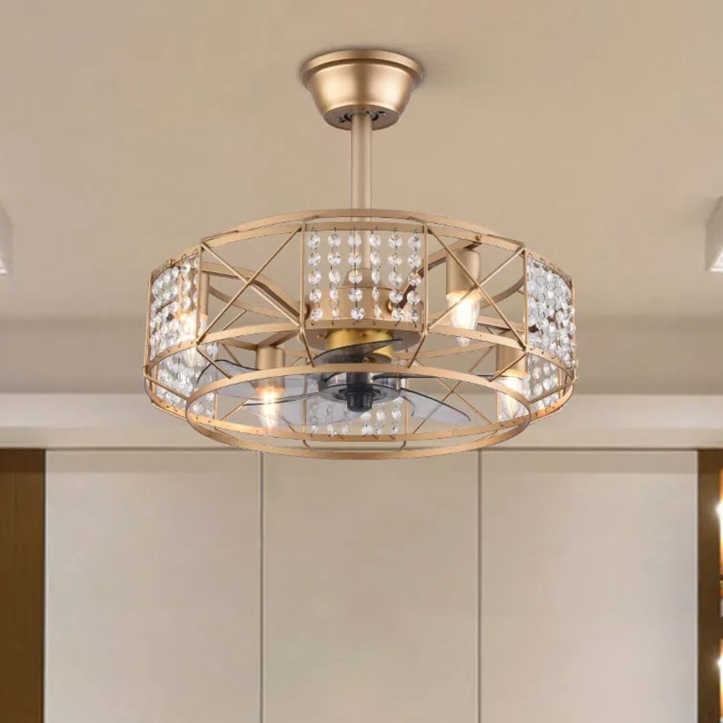 Oukaning HG-HCX-5214 20-in Gold Metal Lampshade Crystal Decor Caged with ABS Blades Fandelier Ceiling Fan Light Kit Compatible - Remote Included ( 5 -Blade )
