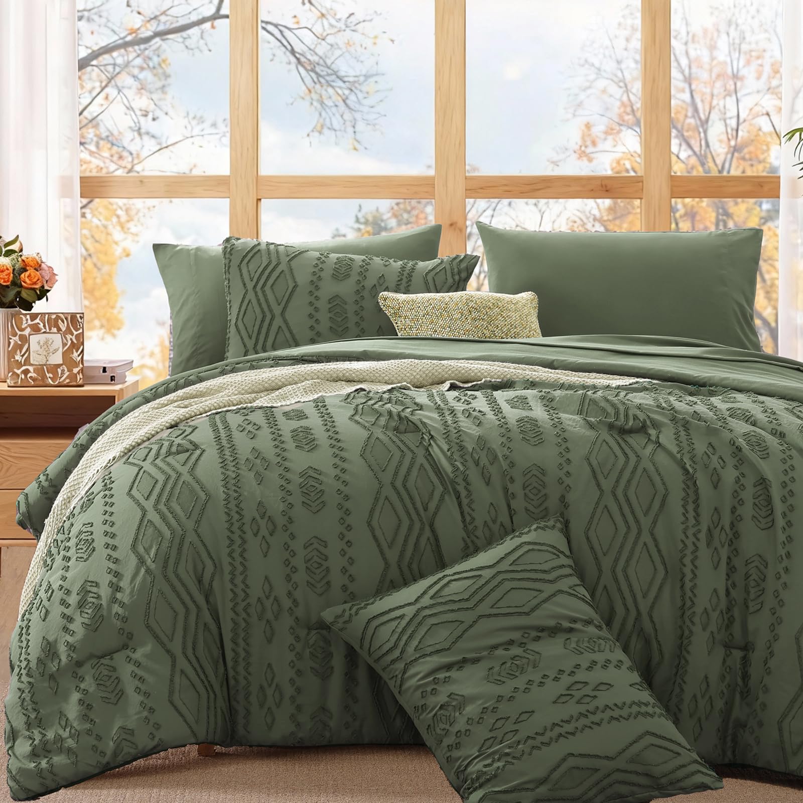 OMOMMD Olive Green King 7 Pieces Tufted Bed In A Bag Bedding Set Soft Breathable Geometric Pattern Oeko Tex Certified #5749848217397