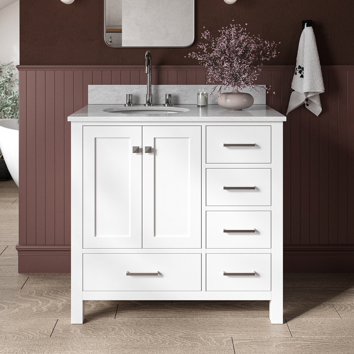 ARIEL A037SLCW2OVOWHT Cambridge 37-in White Undermount Single sink Bathroom Vanity with 0.75" Carrara White Marble Natural marble Top