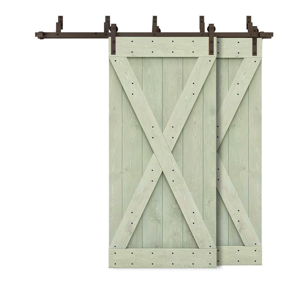 CALHOME 5XBP+S79+(2)X36LG 72-in x 84-in Sage Green Stained X-frame Knotty pine Wood Solid core Double Bypass Barn Door (Hardware Included)