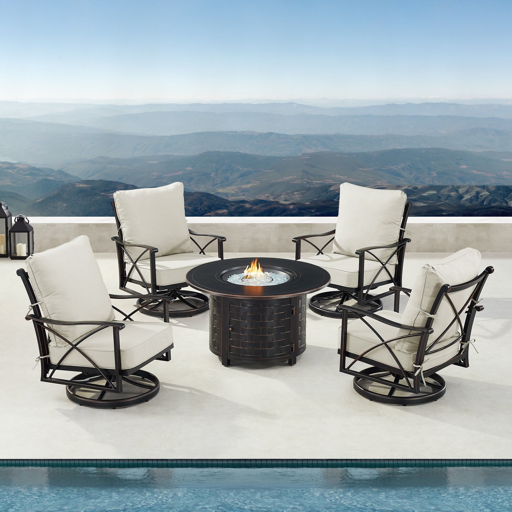 Oakland Living AHRI4CHRICOLGCUIBA Fire Pit Table Set, Four Lounge Chairs, Wind Guard and Ice Bucket 14 -Piece Patio Conversation Set with Gray Cushions