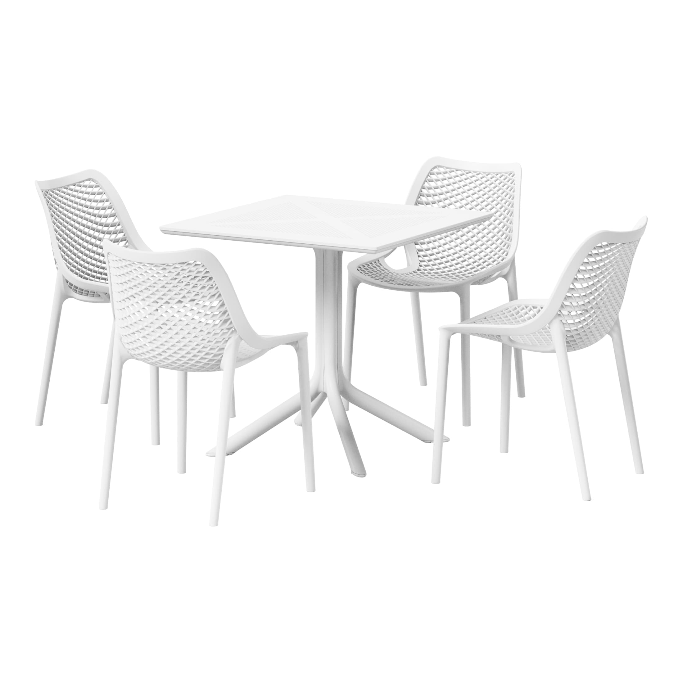 Westin Furniture OP3083-WH FrondForm 5 -Piece White Patio Dining Set Plastic Square Table with 4 Stackable Stationary Chairs
