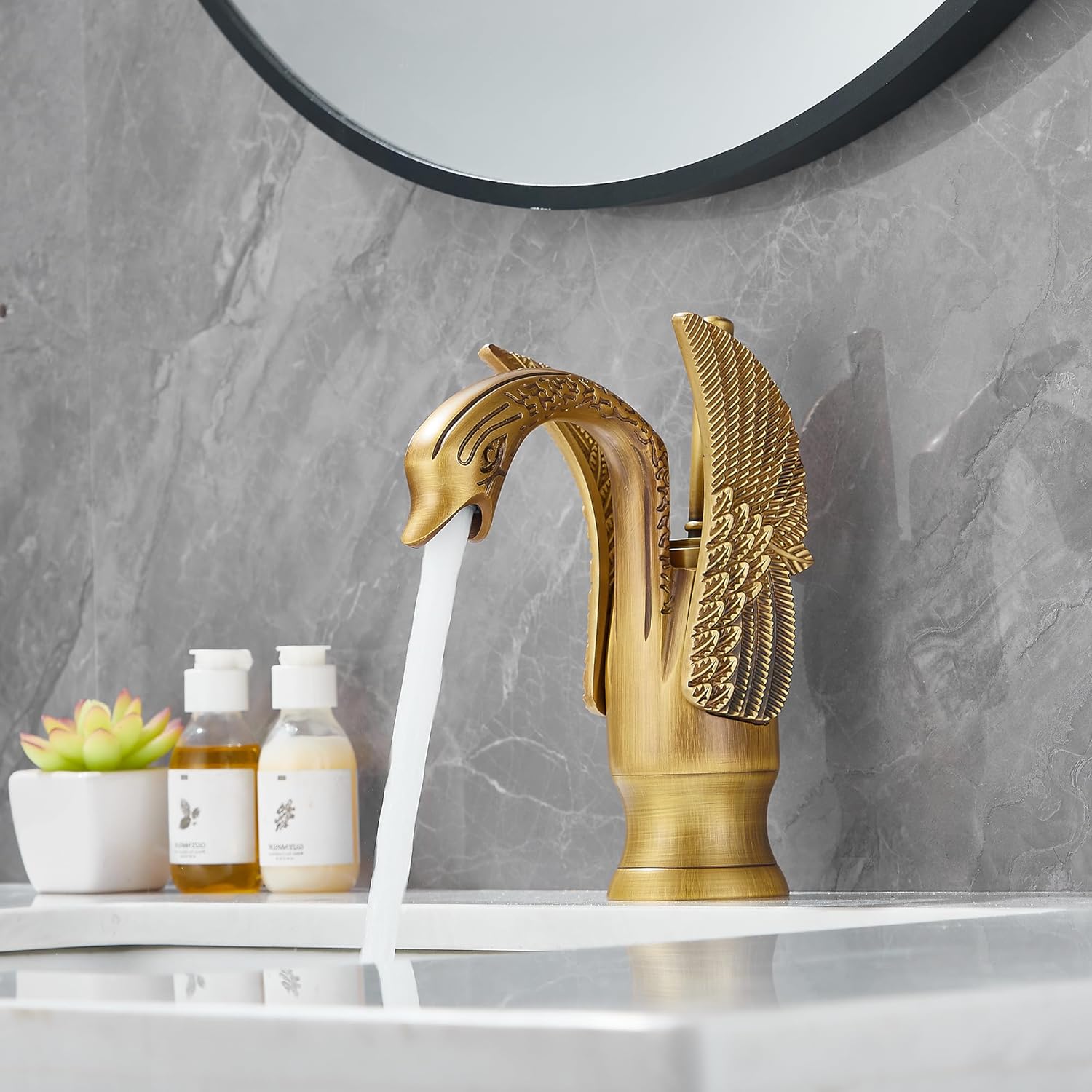 Antique Brass Swan-Shaped Single Handle Bathroom Faucet