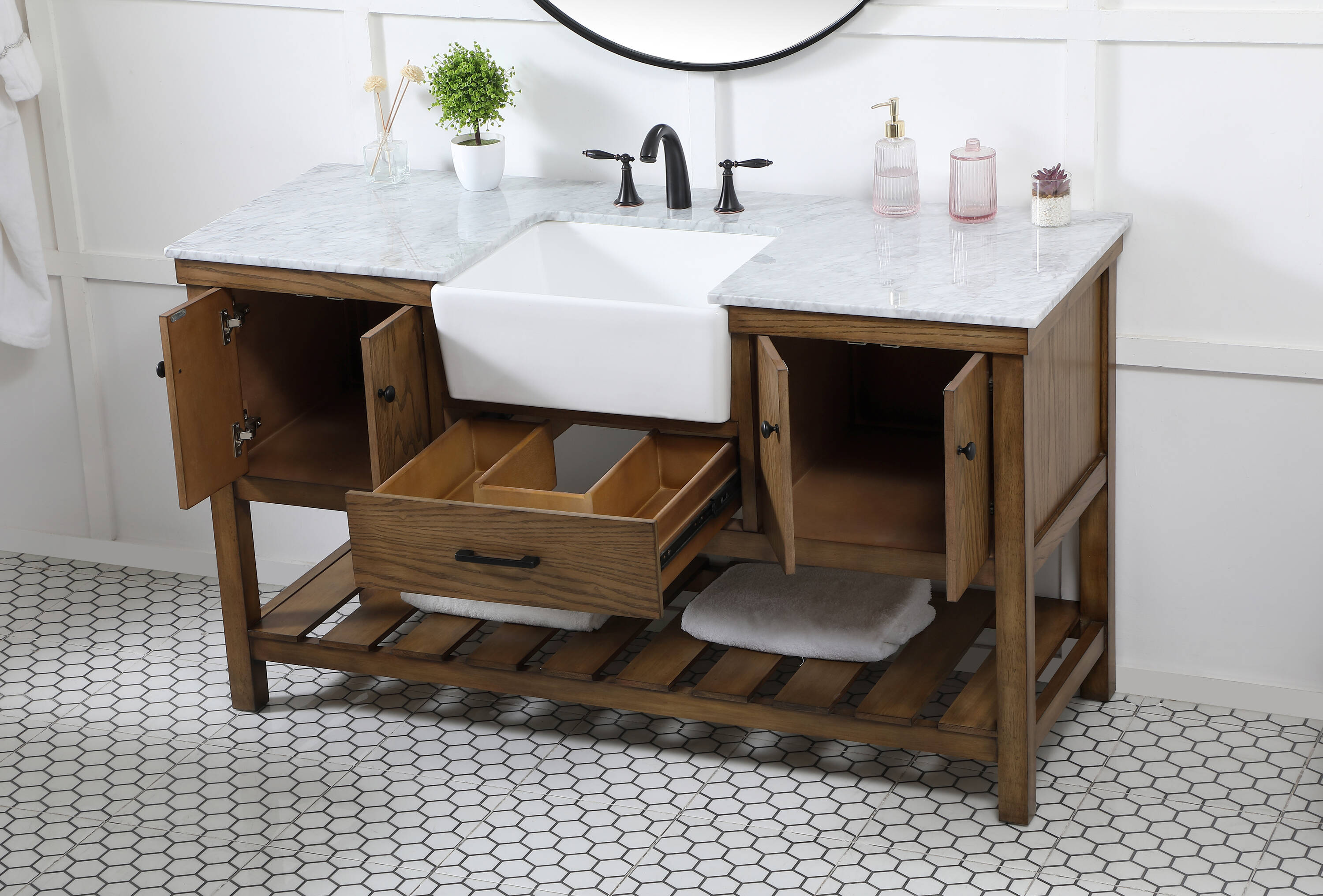 Driftwood Single Bathroom Vanity with Carrara White Marble Top
