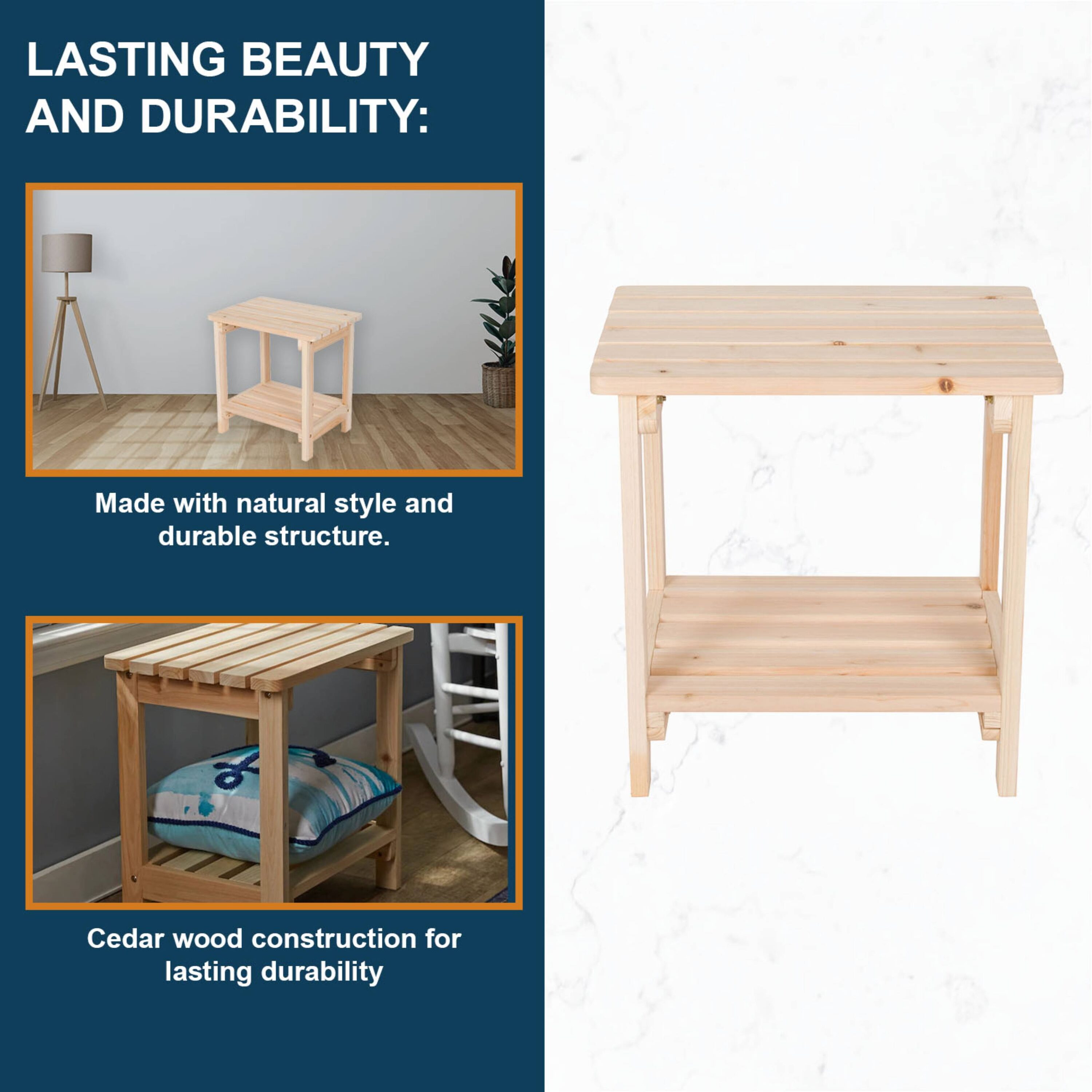 Natural Cedar Rectangular Outdoor Side Table with Shelf