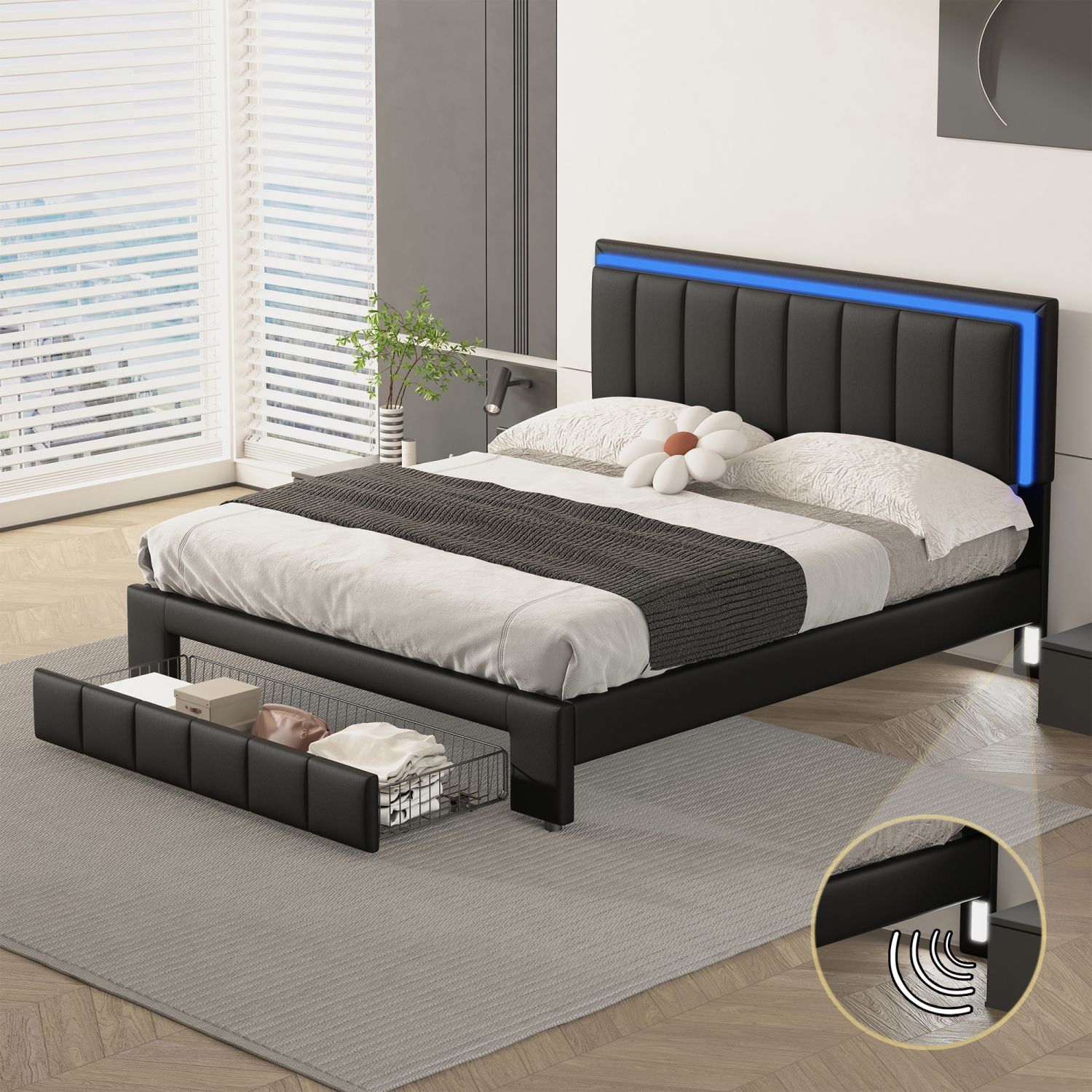 JASMODER HL000028AAB Black Queen Composite Platform Bed with Storage