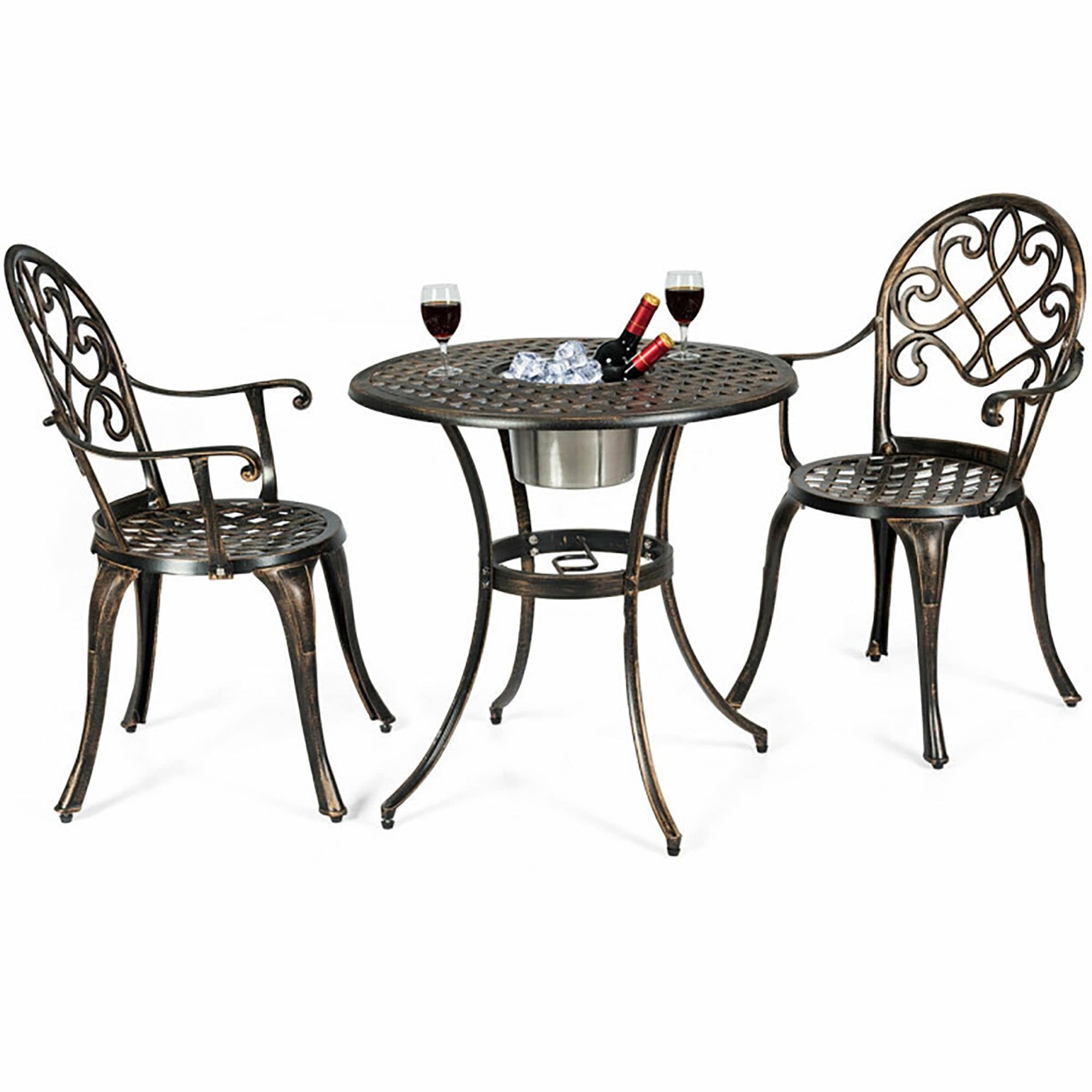 CASAINC WF-004S062T Patio Bistro with Attached Removable Ice Bucket 3 -Piece Antique Bronze Bistro Patio Dining Set Aluminum Round Table with 2 Bronze Stationary Chairs