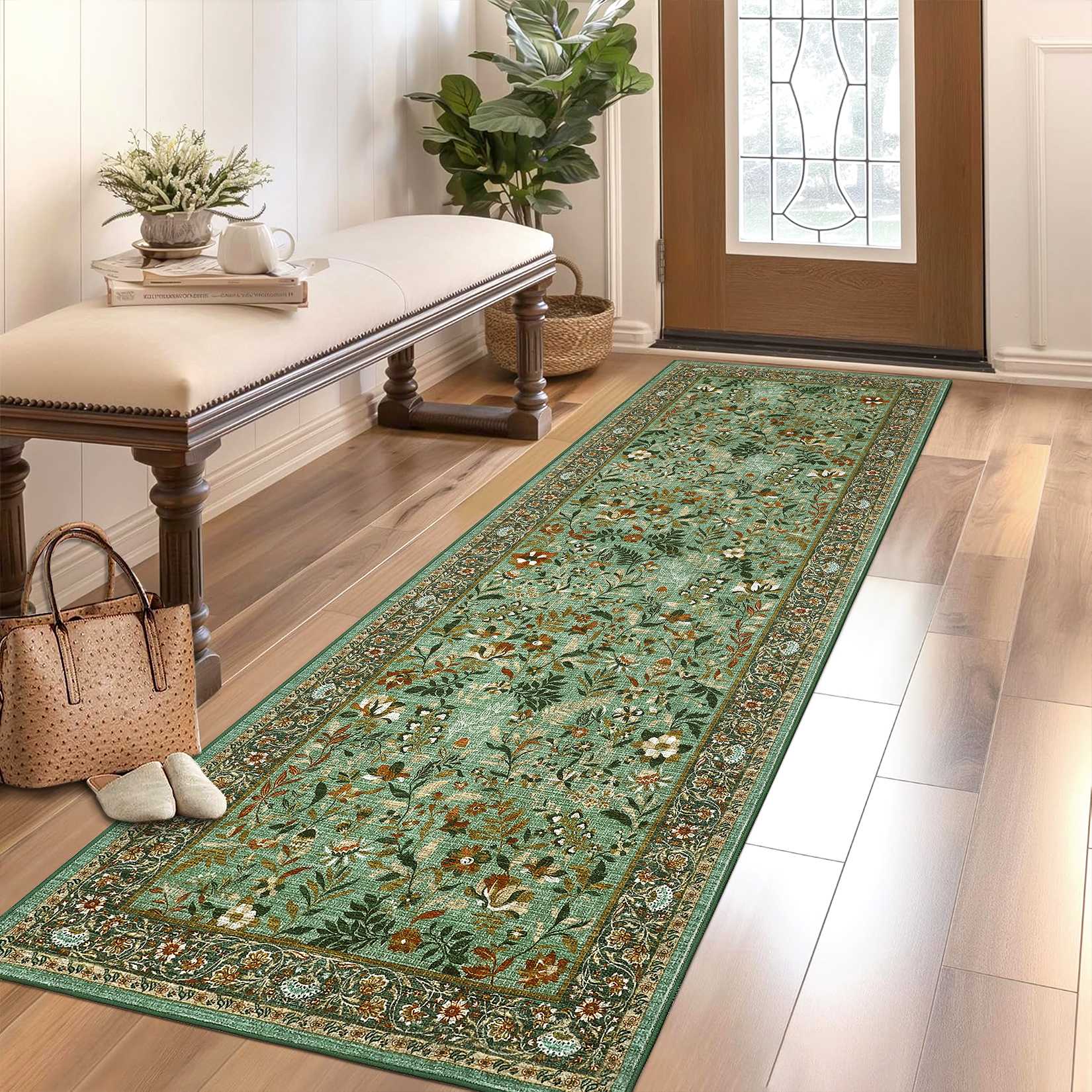 Qeetex LSN-PHK-34RLWK5T 2 x 6 ft Polyester Light Green Rectangular Hallway Bathroom Entryway Kitchen Office Foldable Flower Printed Modern Washable Area Rug