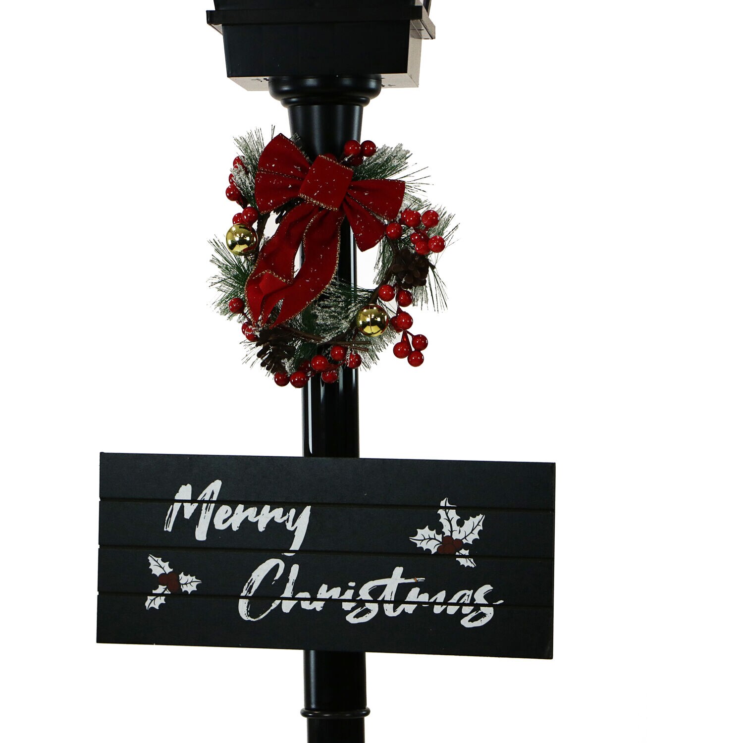 Fraser Hill Farm 71 in. Double Musical Lamp Post with 2 Red Lanterns and Snow