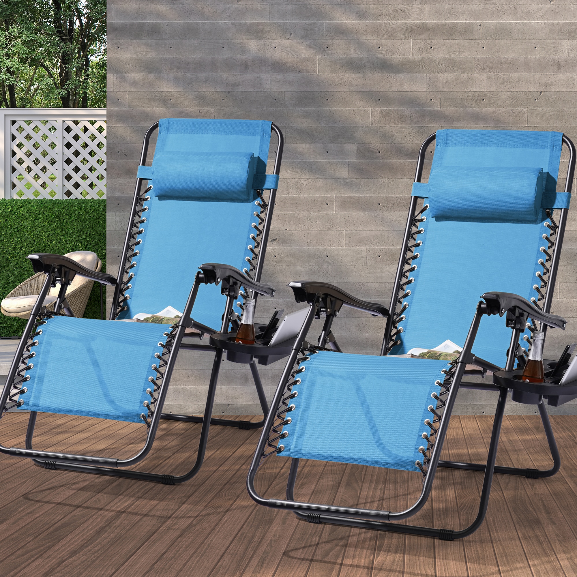 Sonkuki SD-ZERO-LF002LB Patio Chair Set of 2 Black Metal Frame Glider Zero Gravity Chair with Blue Mesh Seat
