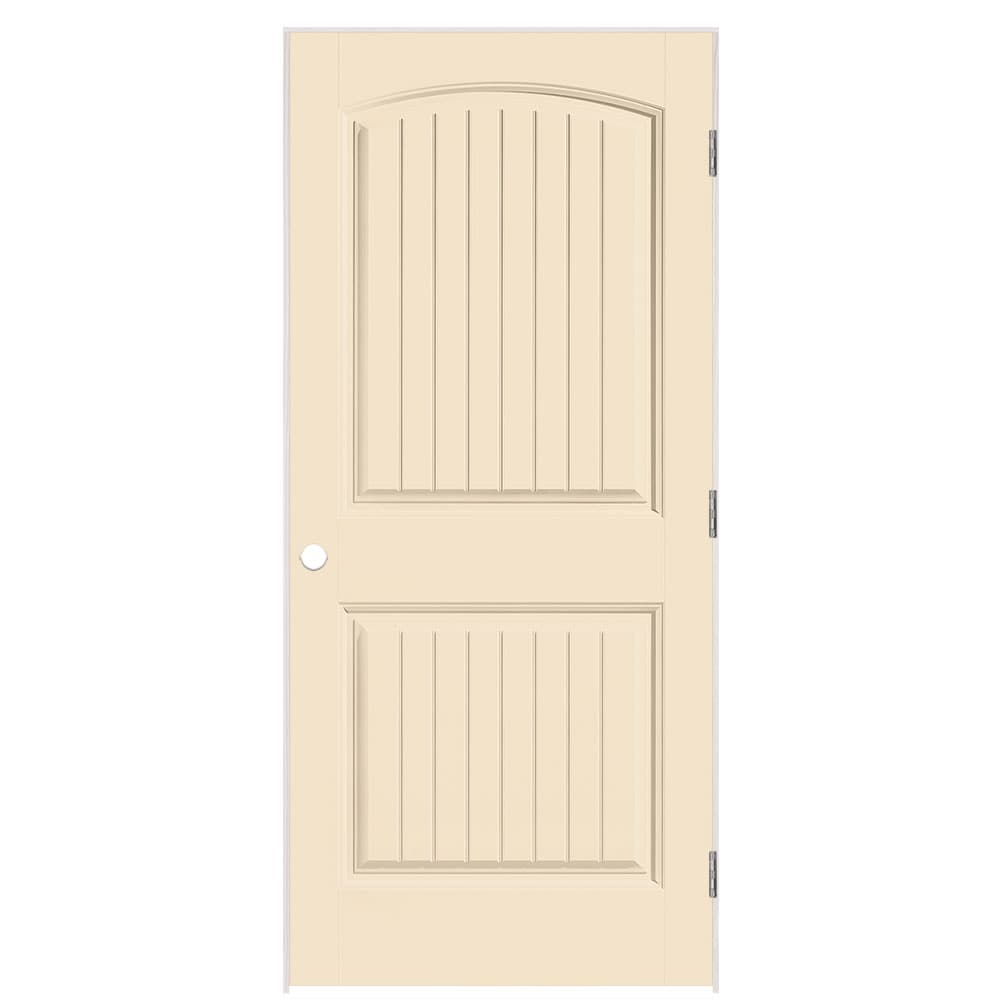 Masonite 1443755 36-in x 80-in Cream N Sugar Solid core 2-panel round top plank Left hand Smooth Prefinished Molded composite Flat Jamb Single Prehung Interior Door