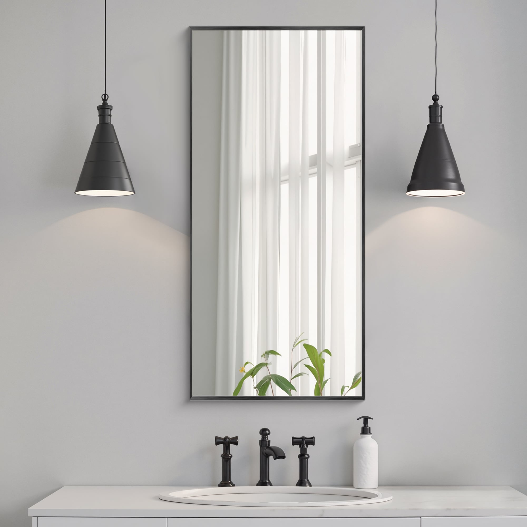 Wooakway 47 inches x 22 inches Rectangle Hanging Bathroom Mirror with Black Scratch-Resistant Aluminum Alloy Frame