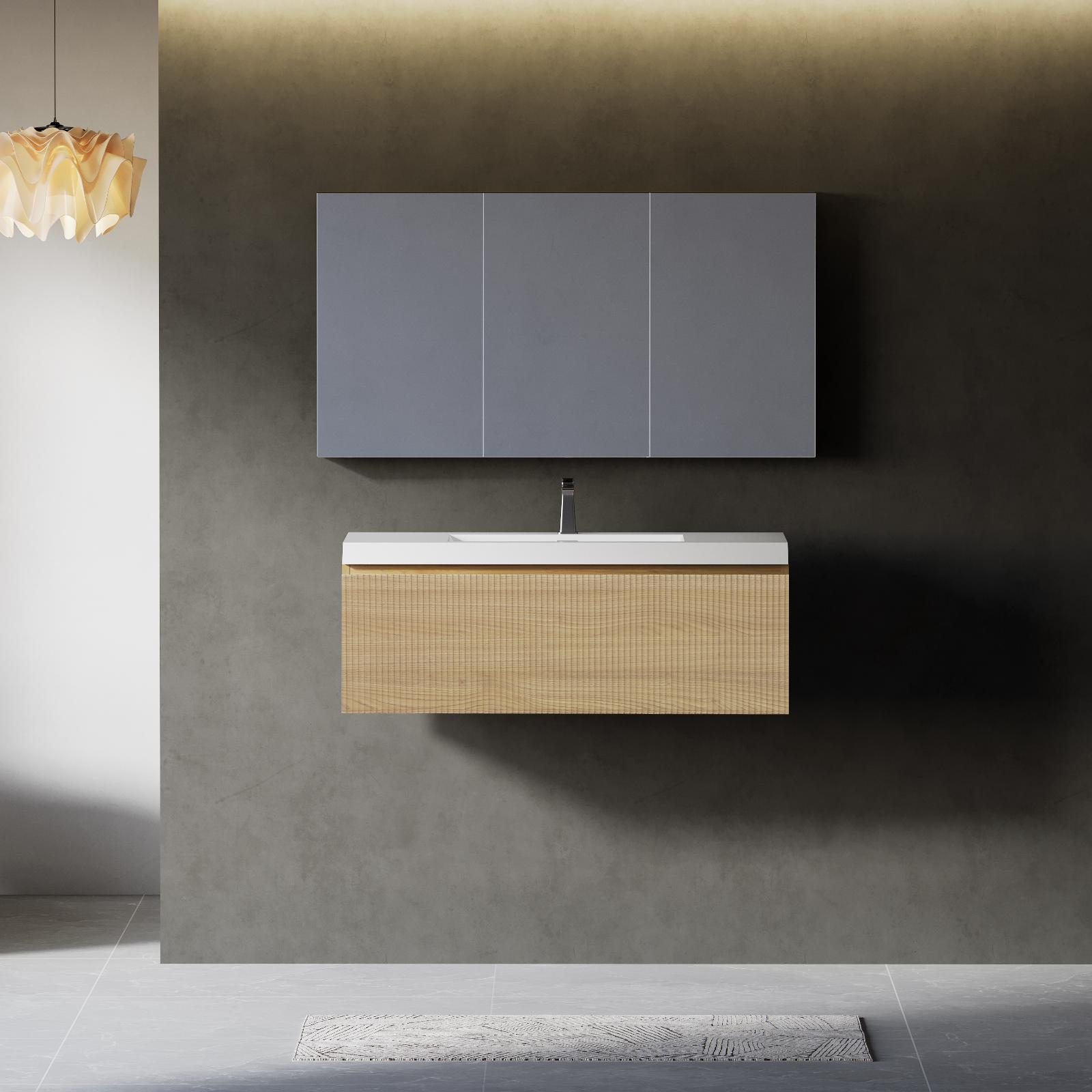 BWE F-VN04-F36NOW 36-in Oak Natural Wood + OFF White Single Sink Floating Bathroom Vanity with Gloss white Stone Veneer Top