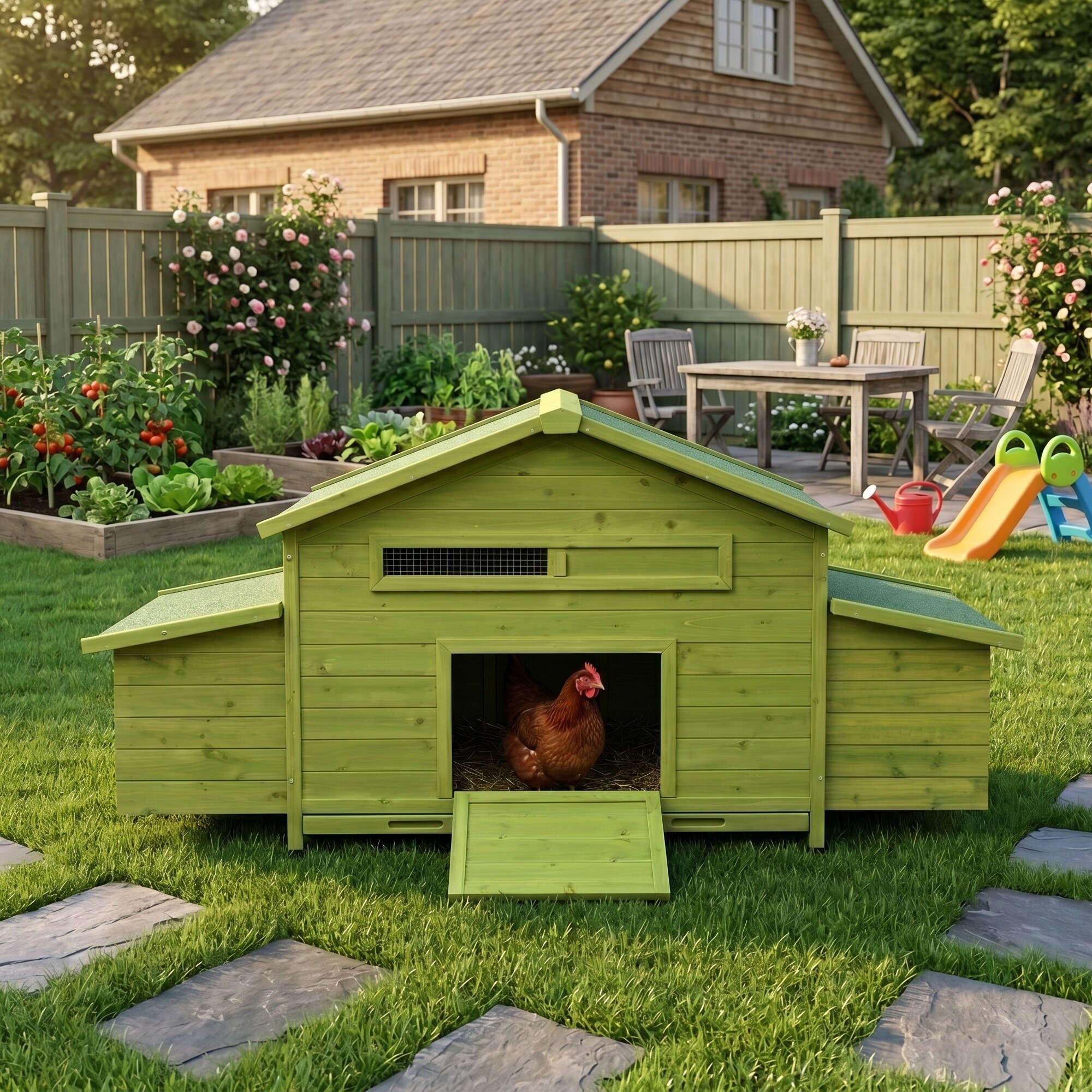 HyperDrop Cart 70 Inch Large Wooden Chicken Coop with Dual Nesting Boxes Waterproof Roof Secure Lock Ventilated Structure Perch and Double Free-Range Doors for Backyard Hen Raising
