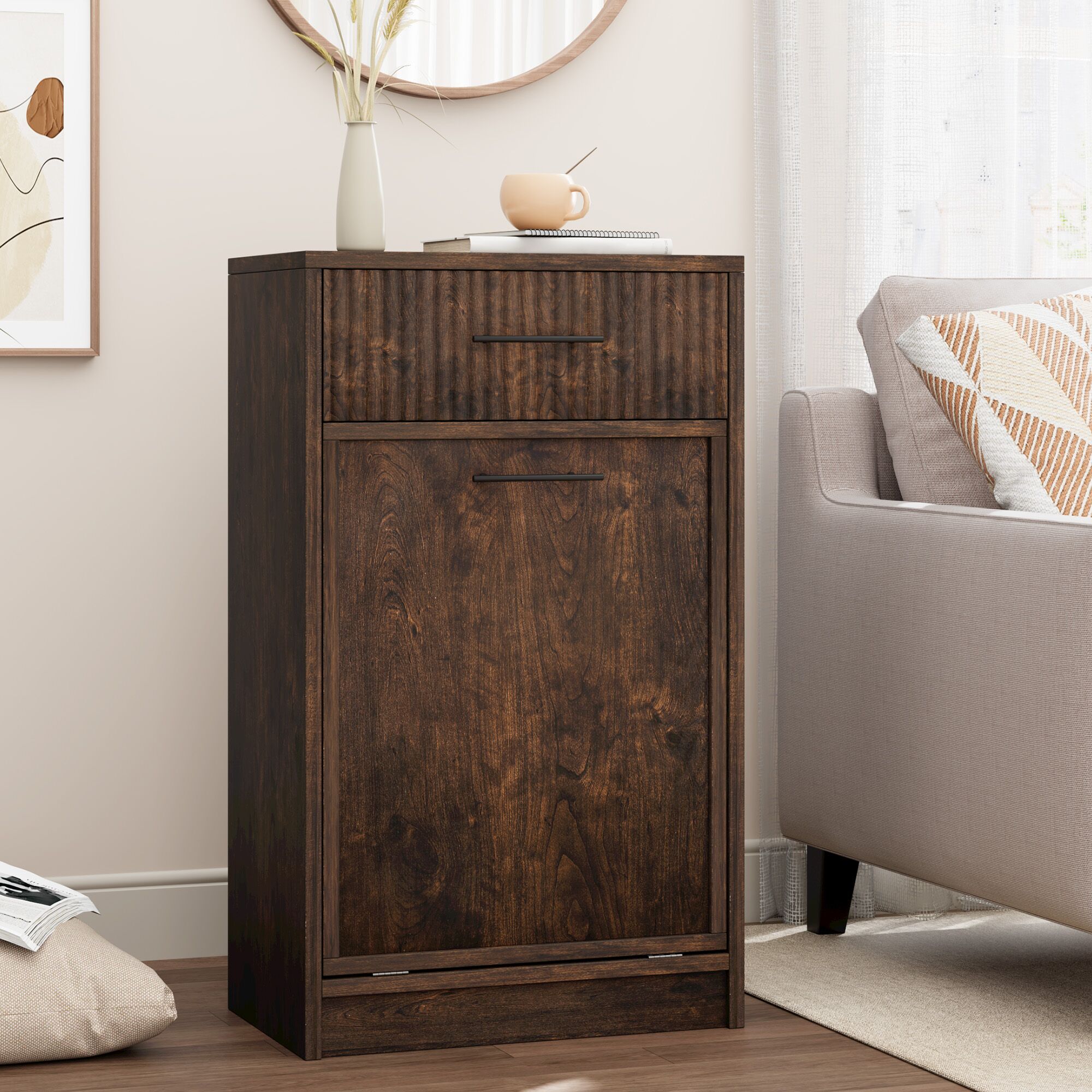 GarveeLife - 10 Gal Freestanding Wooden Trash Cabinet Tilt Out Drawer Dog Proof Walnut