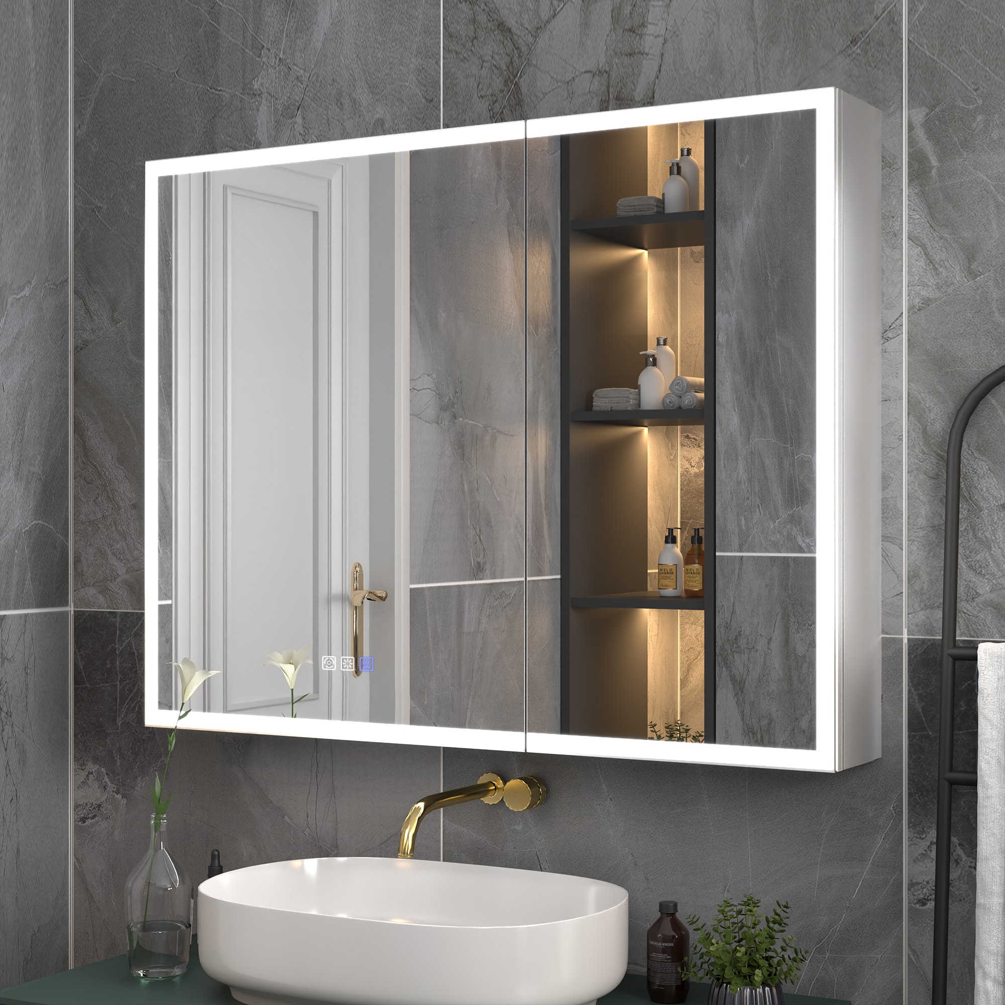 ExBrite Glare 40-in x 32-in Lighted LED Fog Free Surface/Recessed Mount Moonlit Silver Mirrored Rectangle Soft Close Medicine Cabinet with Outlet