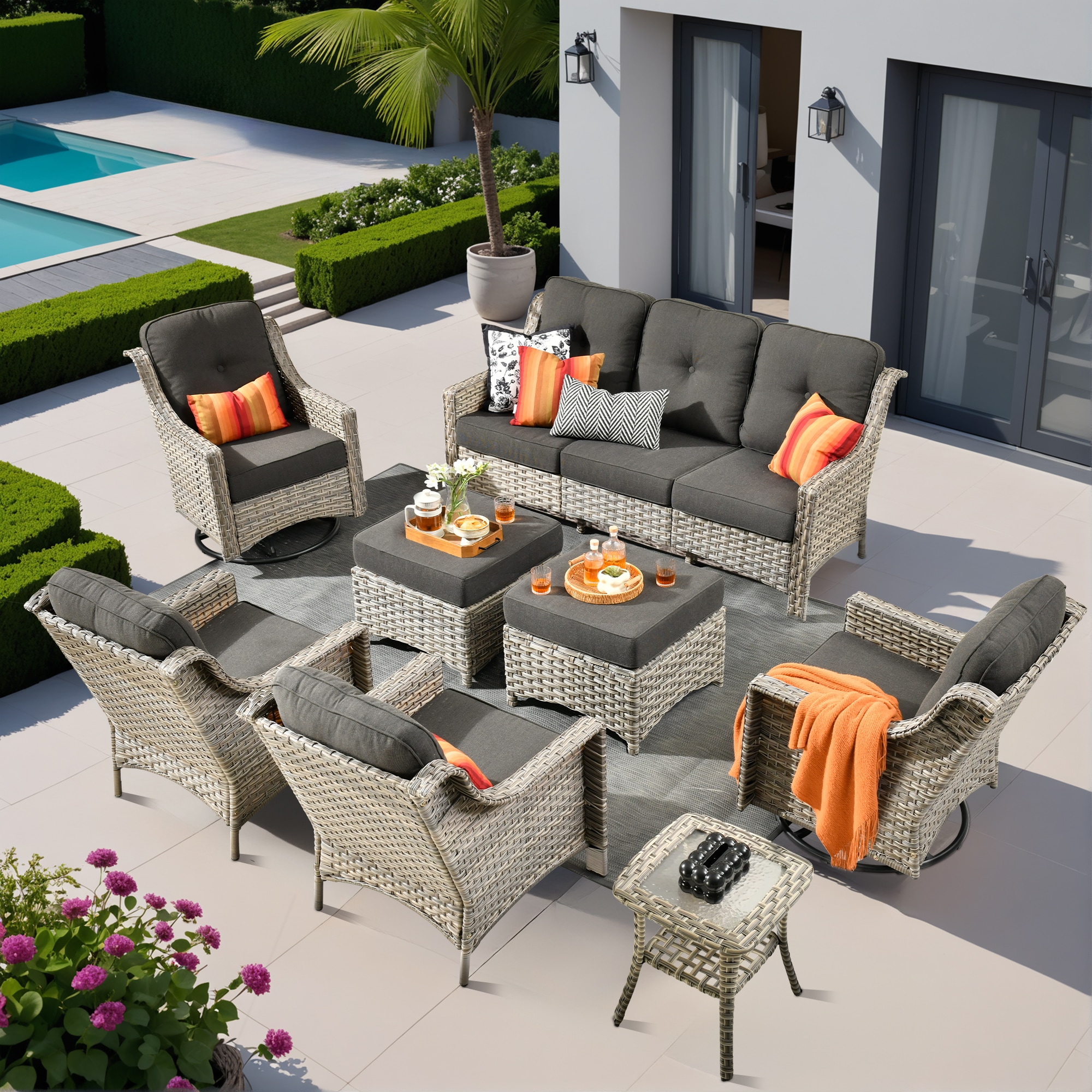 Caodoc L5-YZPAD108 New right-Angles Rattan Outdoor Sectional with Black Cushions and Rattan Frame